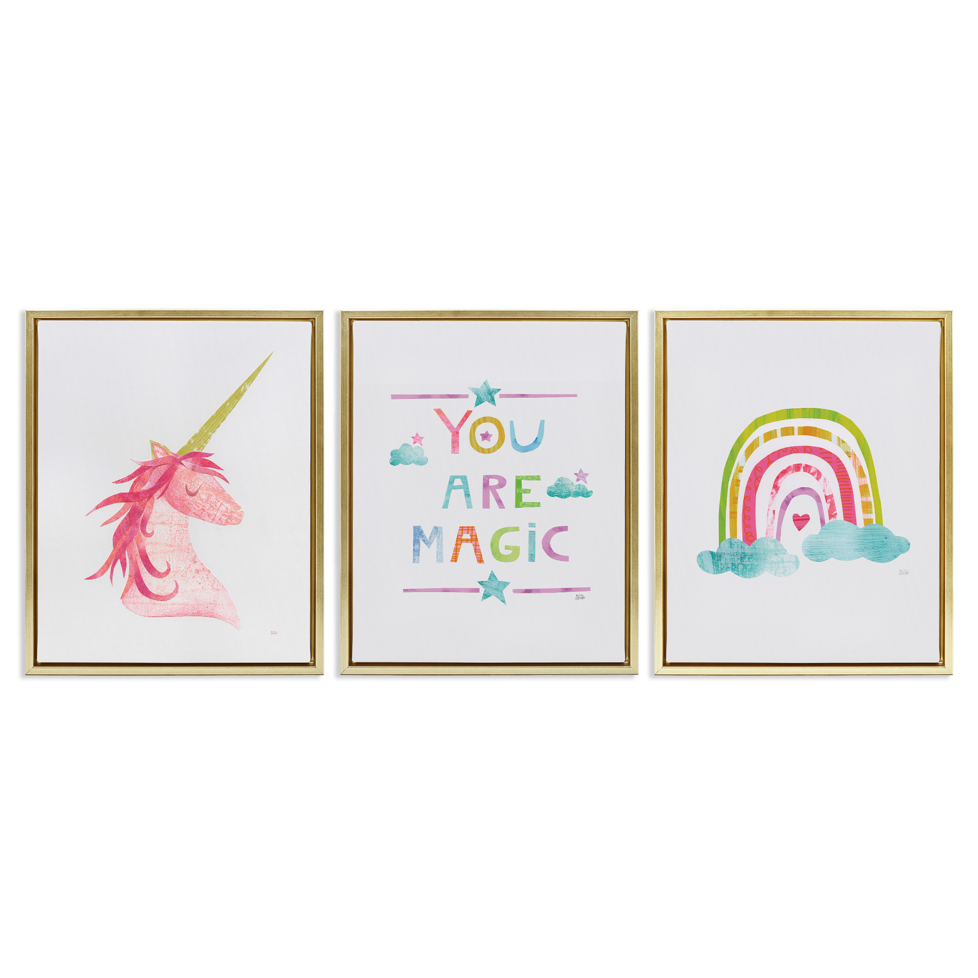 Stupell Industries You Are Magic Rainbow & Unicorn Art for Kids Painting Gold Floater Framed Canvas Art Print Wall Art, 17 x 21, Set of 3