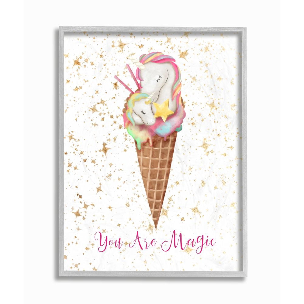 Stupell Industries You Are Magic Unicorn Ice Cream Cone Gold Pink Design Graphic Art Gray Framed Art Print Wall Art, 11x14, by Ziwei Li