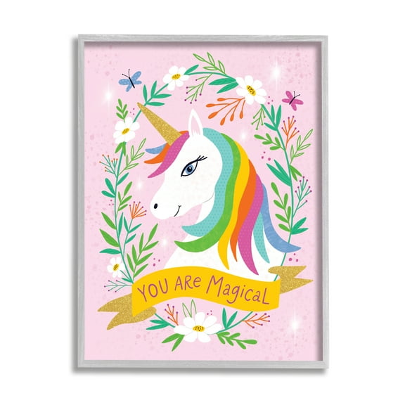 Stupell Industries You Are Magical Phrase Playful Kids Rainbow Unicorn Fairy Tales & Fantasy Painting Gray Framed Art Print Wall Art, 16 x 20