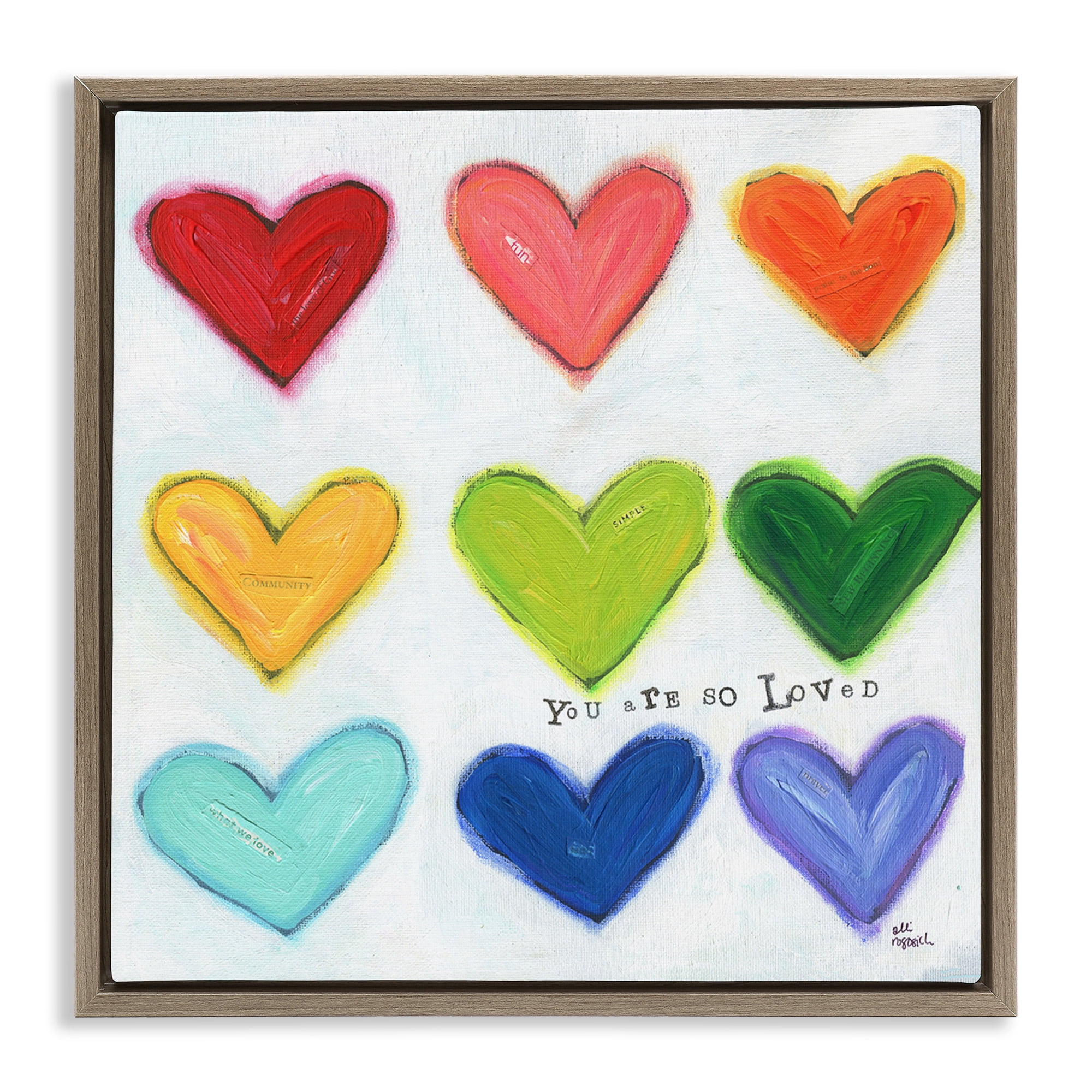 Stupell Industries You Are So Loved Rainbow Hearts Inspirational Painting Brown Floater Framed Canvas Art Print Wall Art, 25 x 25