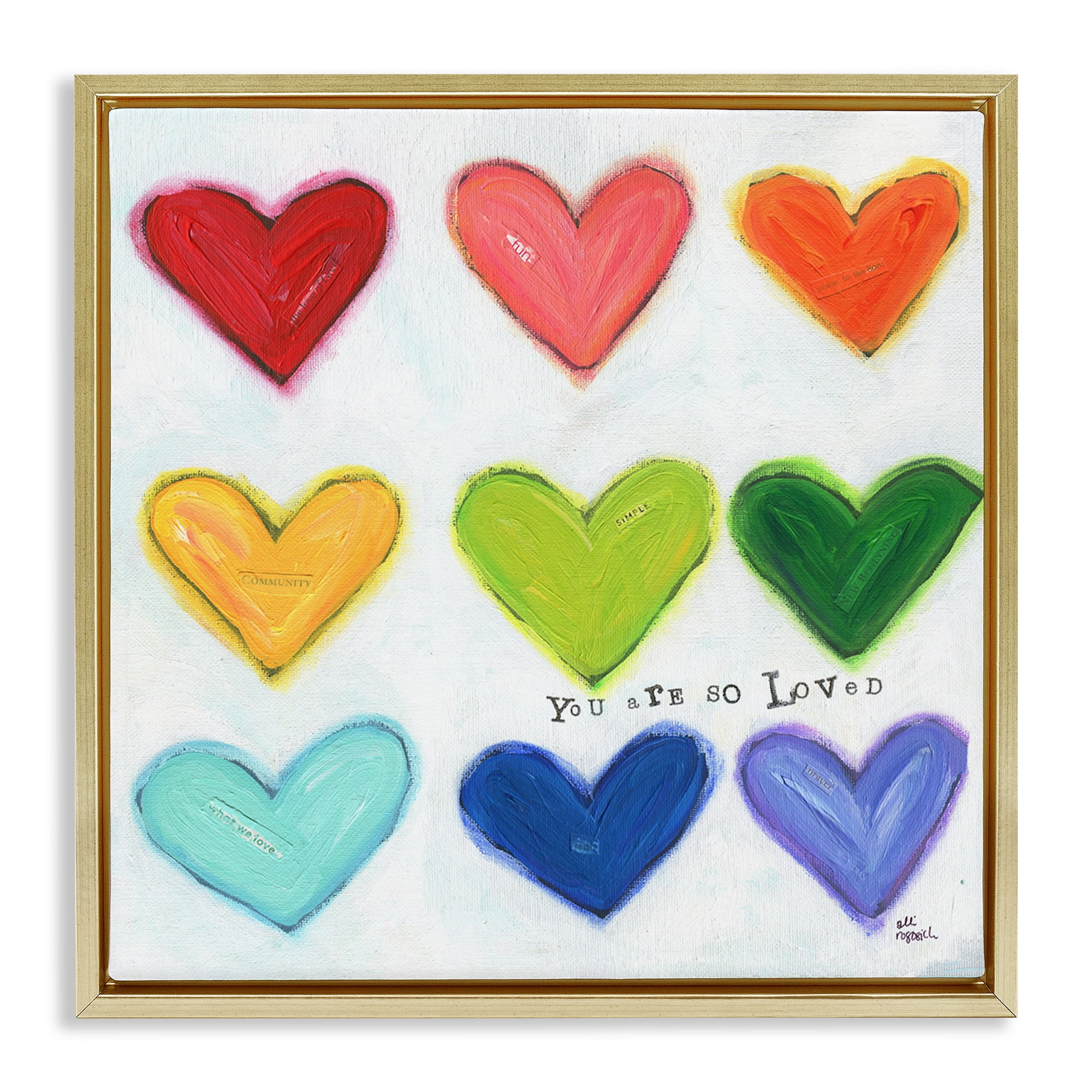 Stupell Industries You Are So Loved Rainbow Hearts Inspirational Painting Gold Floater Framed Canvas Art Print Wall Art, 18 x 18