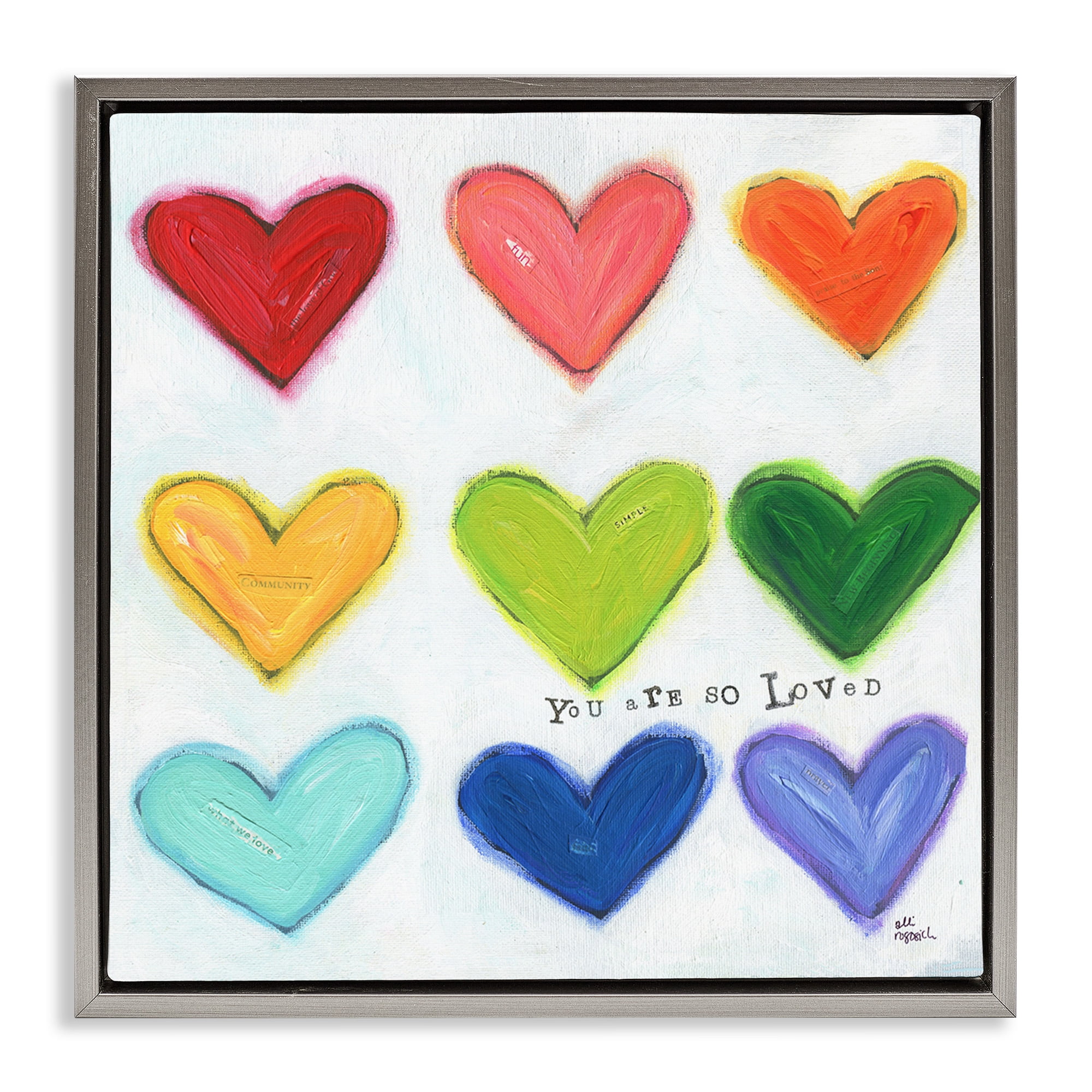 Stupell Industries You Are So Loved Rainbow Hearts Inspirational Painting Gray Floater Framed Canvas Art Print Wall Art, 18 x 18