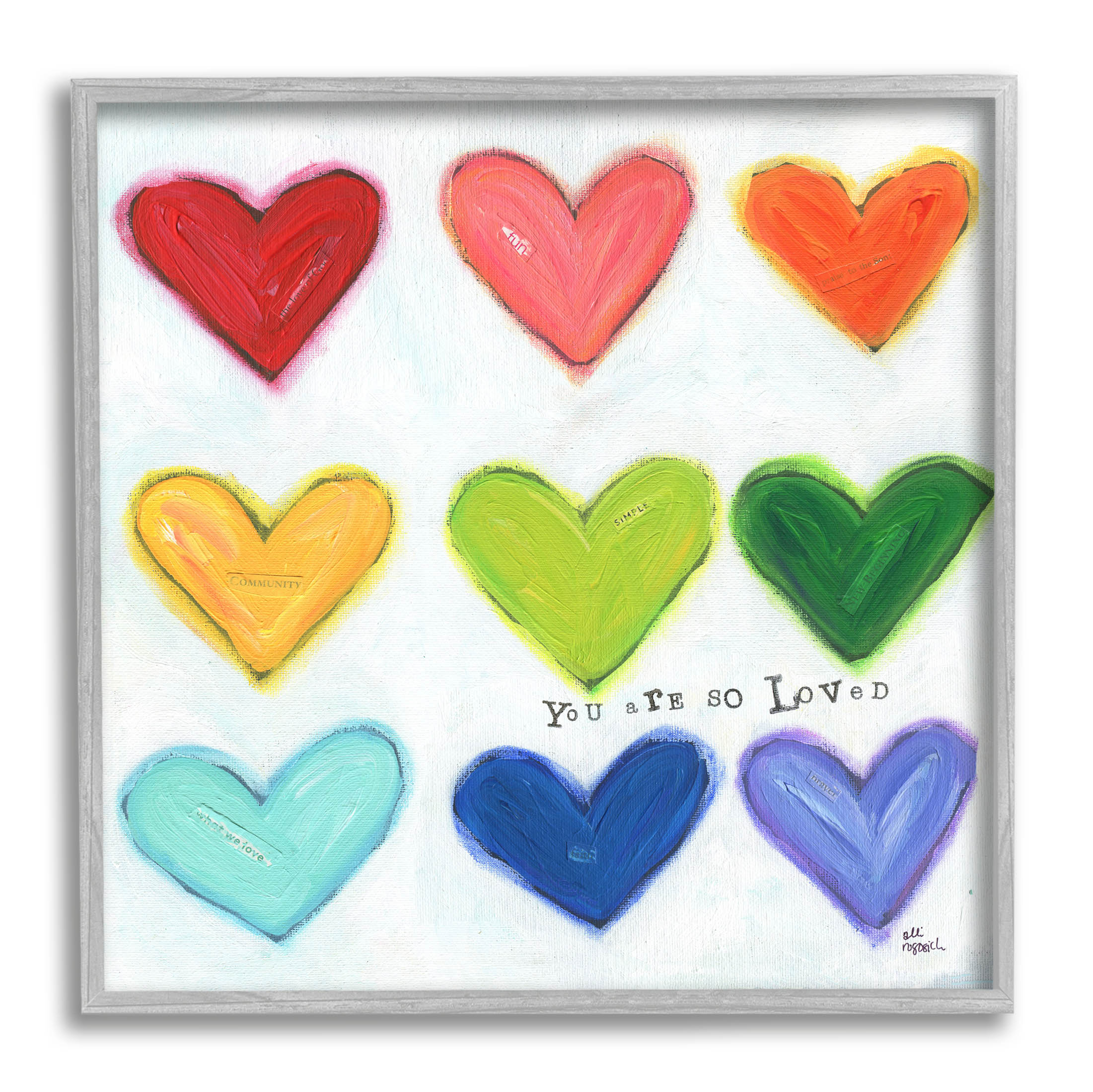 Stupell Industries You Are So Loved Rainbow Hearts Painting Gray Framed Art Print Wall Art, Design by Alli Rogosich