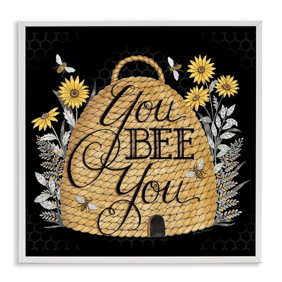 Stupell Industries Cottage You Bee You Motivational Phrase Vintage Whicker Beehive White Framed Giclee Art, 17 x 17, by Deb Strain