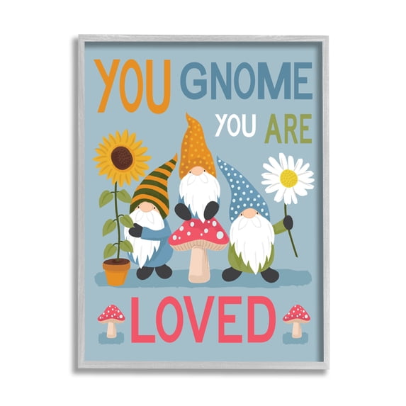 Stupell Industries You Gnome You are Loved Phrase Garden Elf Pun Country Painting Gray Framed Art Print Wall Art, 11 x 14, Design by Lisa Whitebutton
