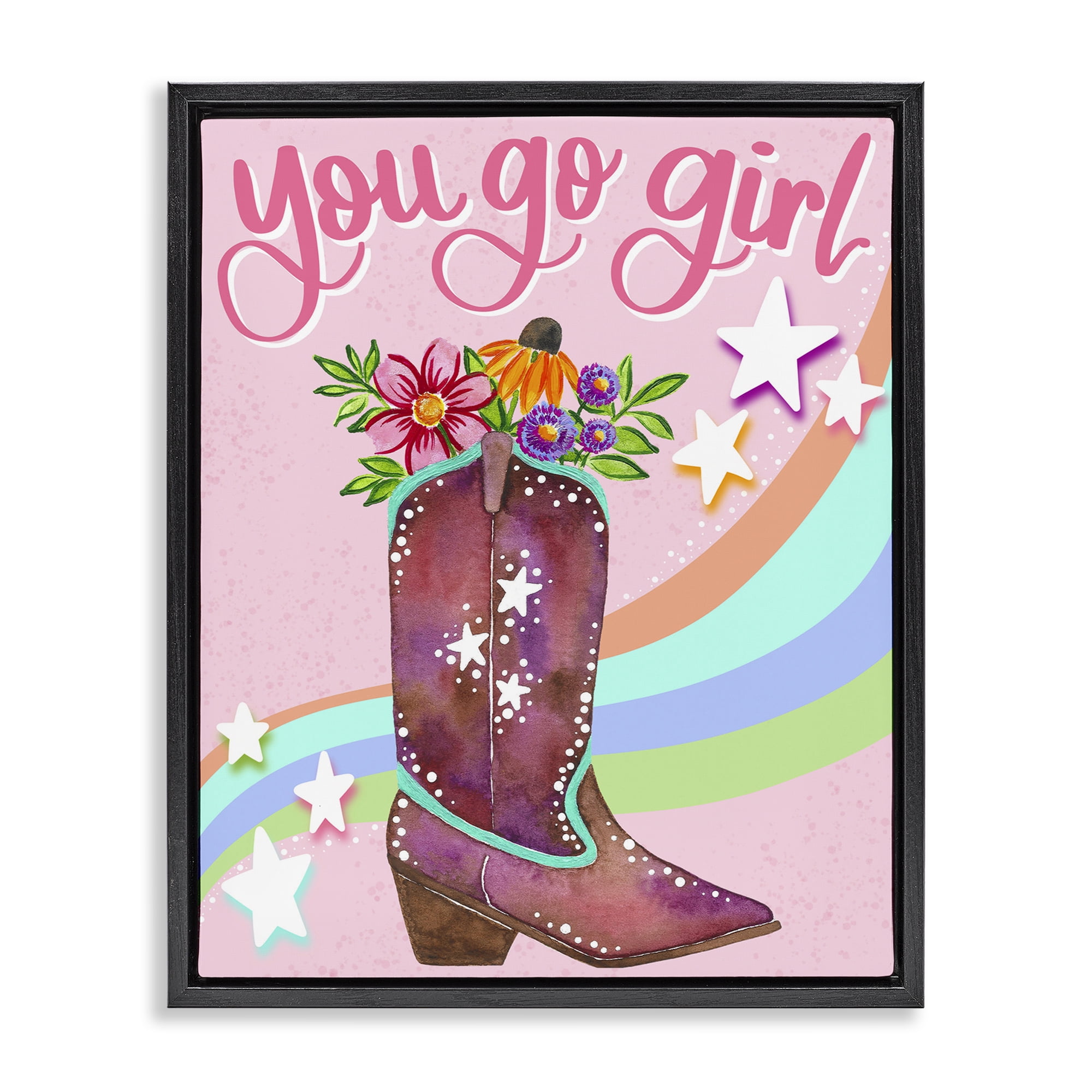 Stupell Industries You Go Girl Boot Botanical & Floral Painting Black Floater Framed Art Print Wall Art, 17 x 21