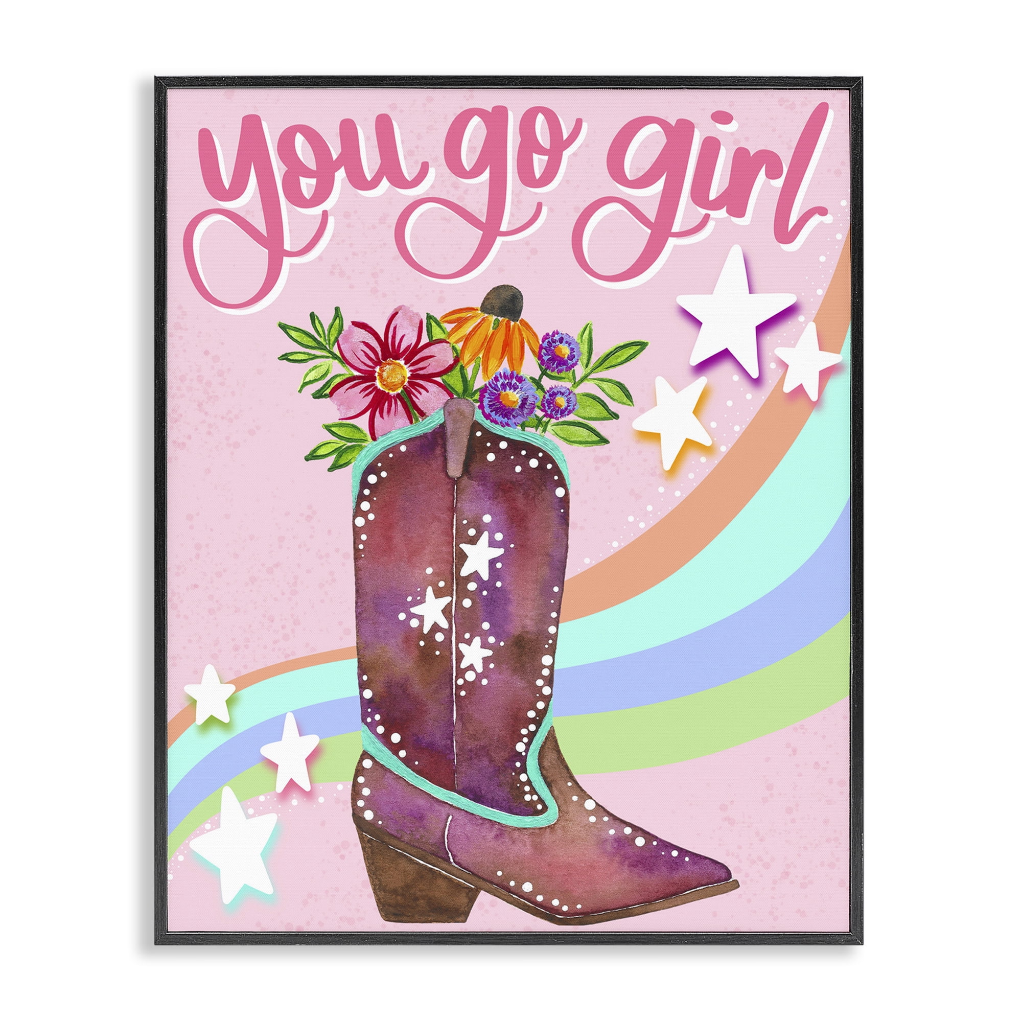 Stupell Industries You Go Girl Boot Botanical & Floral Painting Black Framed Art Print Wall Art, 16 x 20