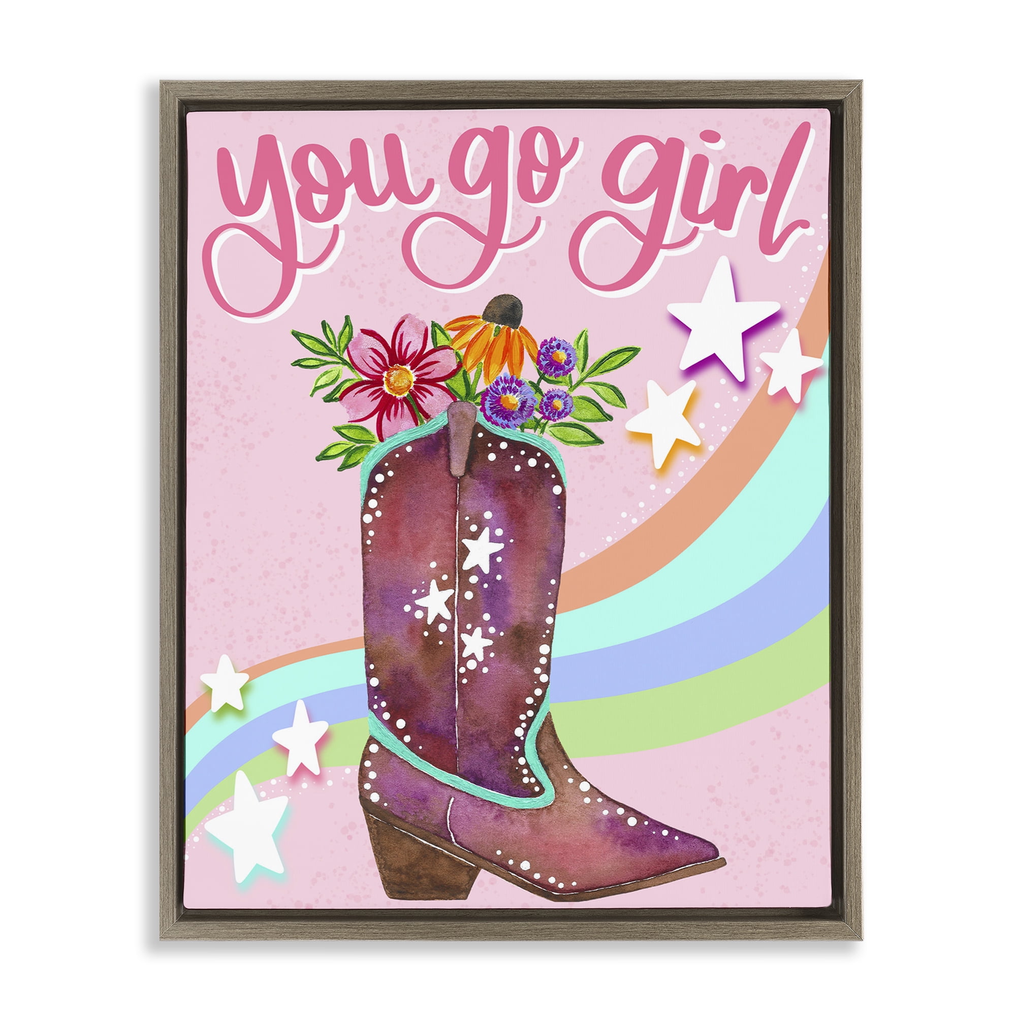Stupell Industries You Go Girl Boot Botanical & Floral Painting Brown Floater Framed Art Print Wall Art, 25 x 31