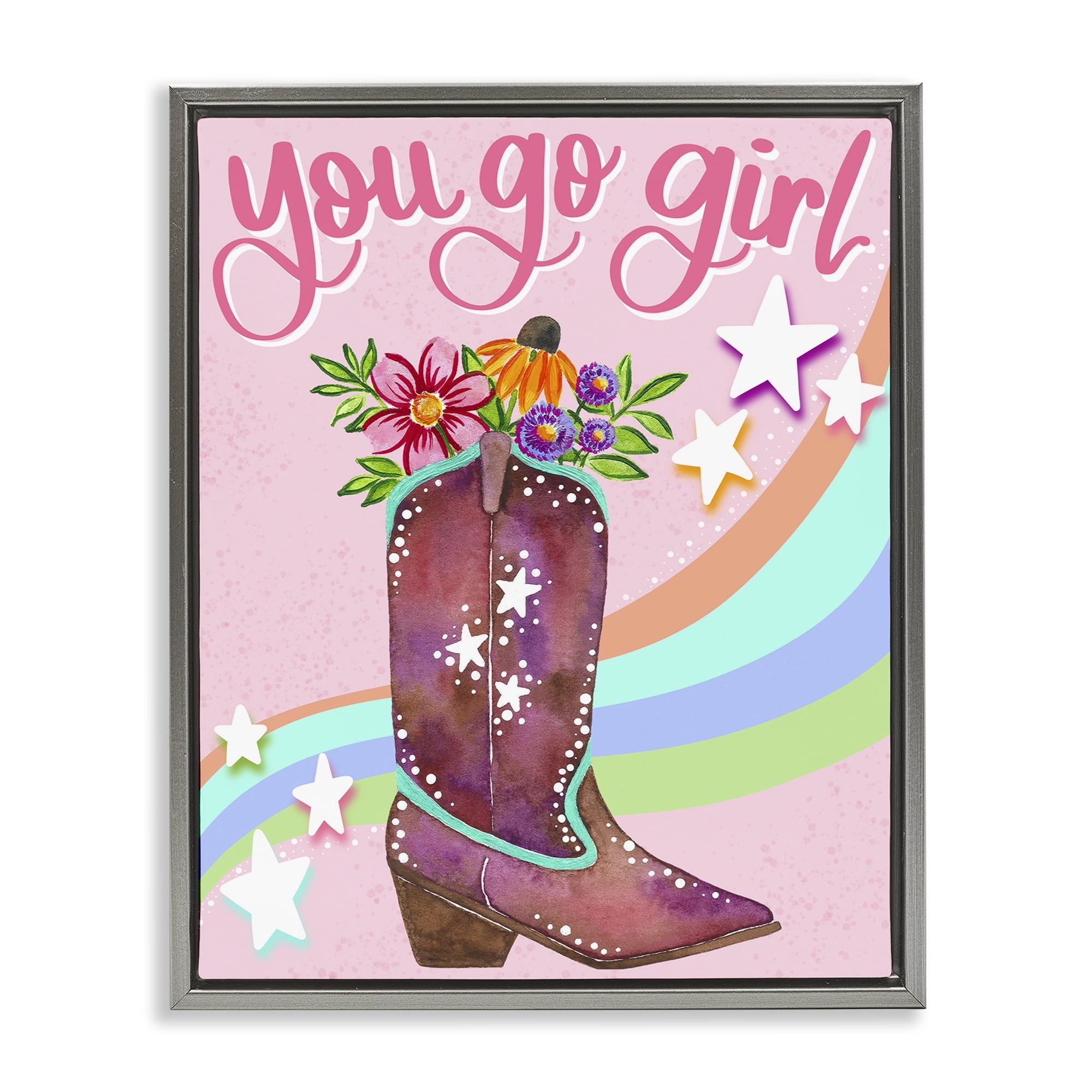 Stupell Industries You Go Girl Boot Botanical & Floral Painting Gray Floater Framed Art Print Wall Art, 17 x 21
