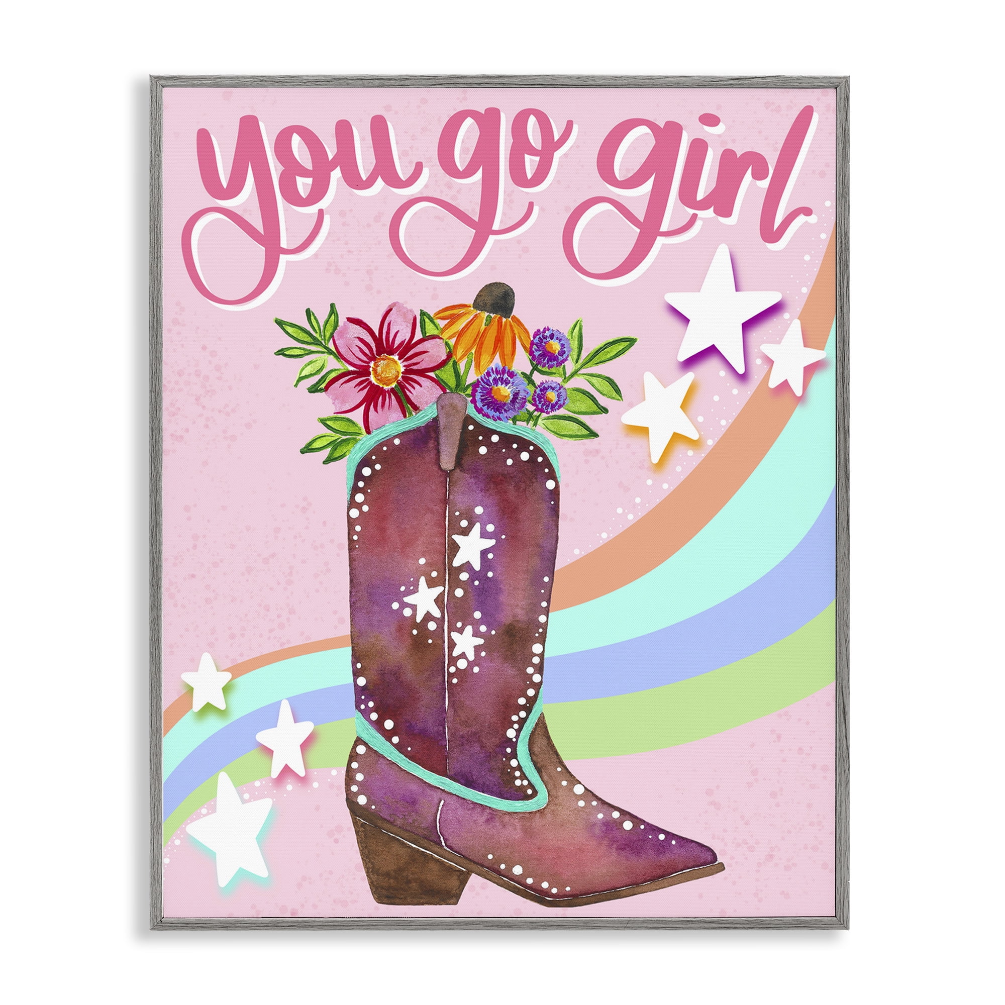 Stupell Industries You Go Girl Boot Botanical & Floral Painting Gray Framed Art Print Wall Art, 11 x 14