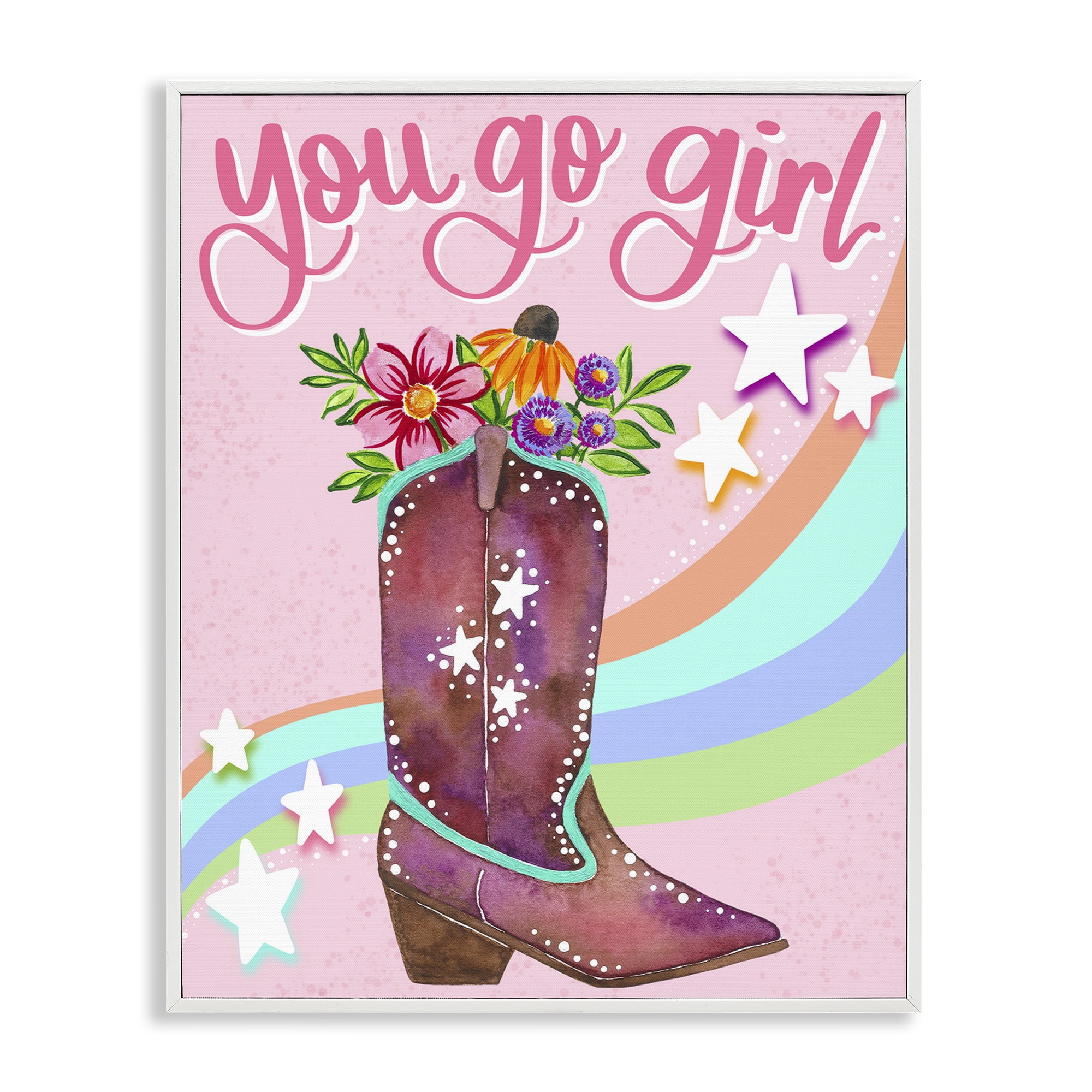 Stupell Industries You Go Girl Boot Botanical & Floral Painting White Framed Art Print Wall Art, 16 x 20