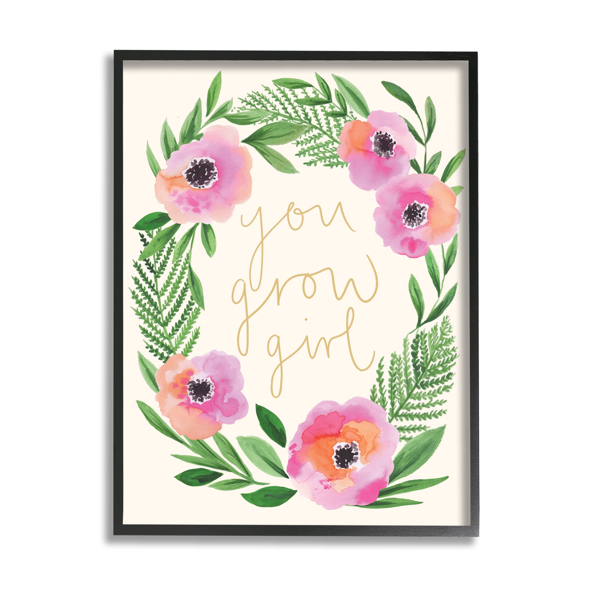 Stupell Industries You Grow Girl Phrase Blushing Pink Orange Florals Modern Painting Black Framed Art Print Wall Art, 11 x 14, Design by Heather McLaughlin