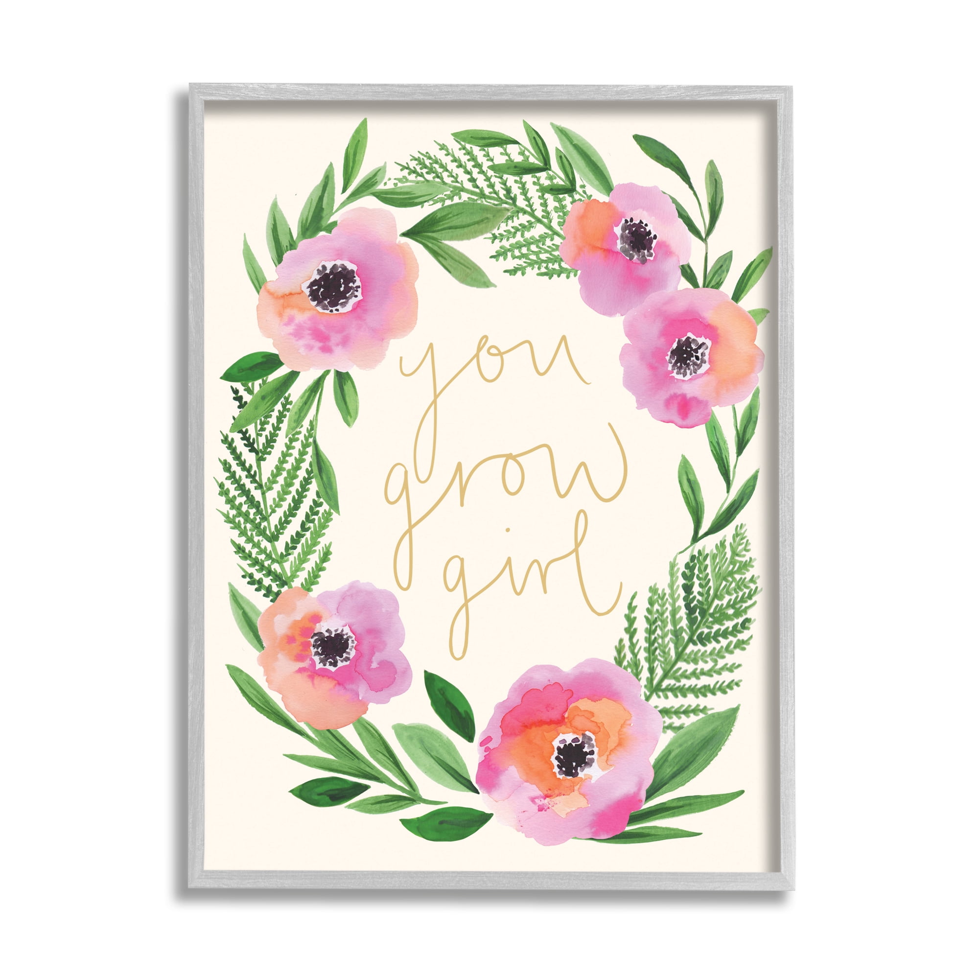 Stupell Industries You Grow Girl Phrase Blushing Pink Orange Florals Modern Painting Gray Framed Art Print Wall Art, 24 x 30, Design by Heather McLaughlin