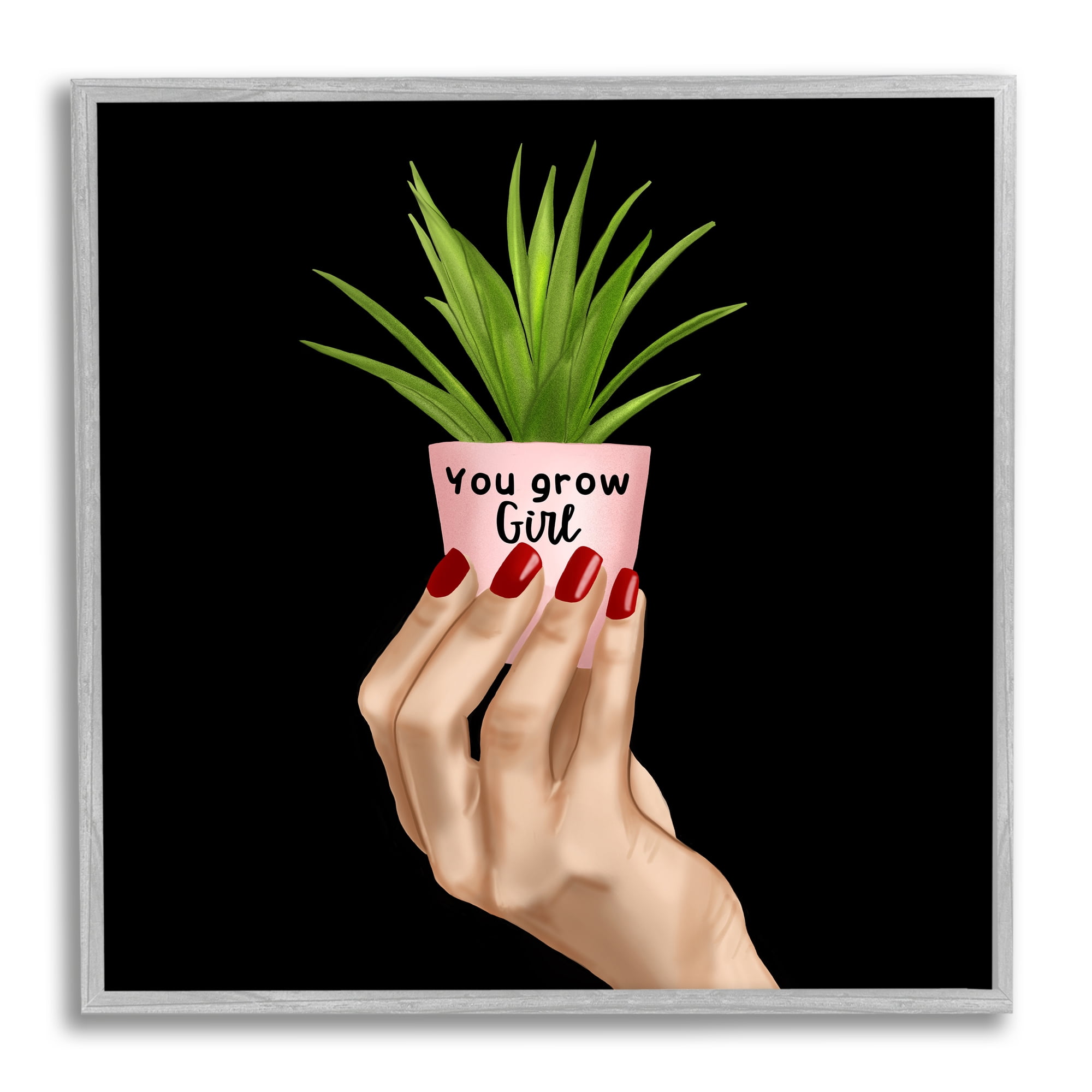 Stupell Industries You Grow Girl Plant Botanical & Floral Painting Gray Framed Art Print Wall Art, 17 x 17