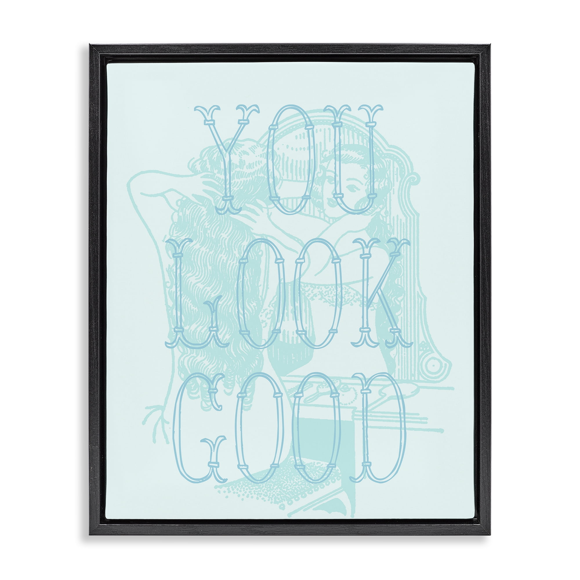 Stupell Industries You Look Good Girl in Mirror People Painting Black Floater Framed Canvas Art Print Wall Art, 17 x 21