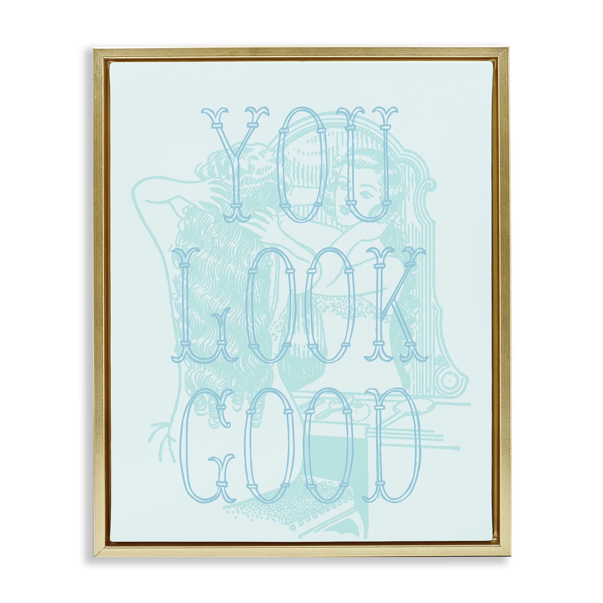 Stupell Industries You Look Good Girl in Mirror People Painting Gold Floater Framed Canvas Art Print Wall Art, 17 x 21