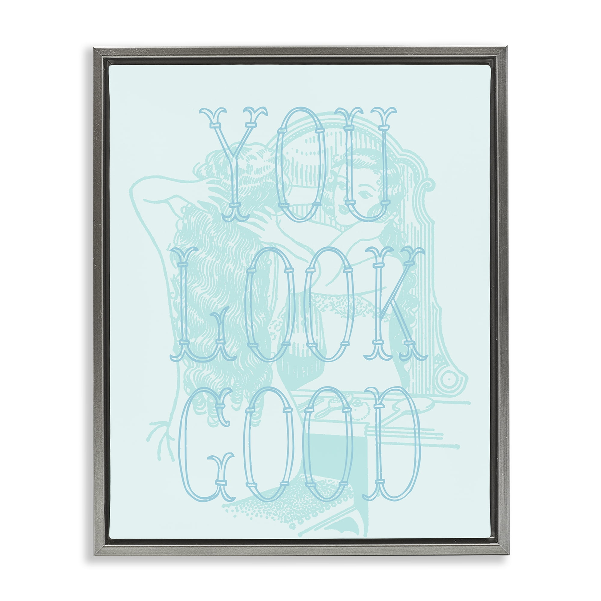 Stupell Industries You Look Good Girl in Mirror People Painting Gray Floater Framed Canvas Art Print Wall Art, 17 x 21