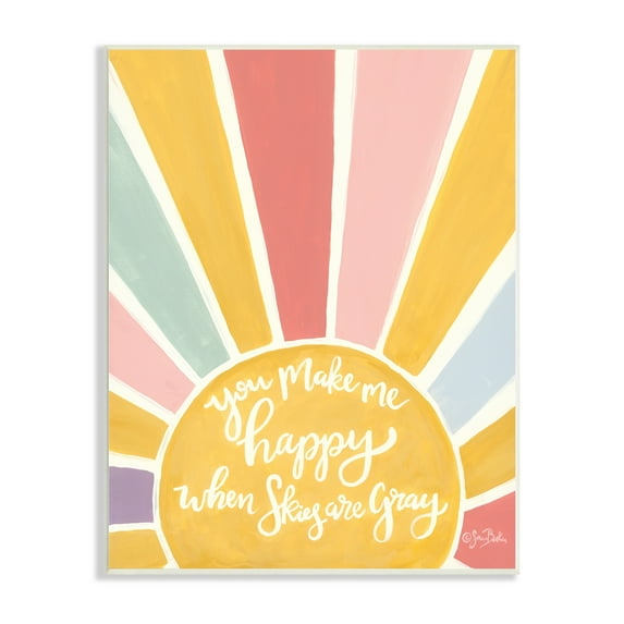 Stupell Industries You Make Me Happy Yellow Striped Sunshine Calligraphy Wood Wall Art, 10 x 15, Design by Sara Baker
