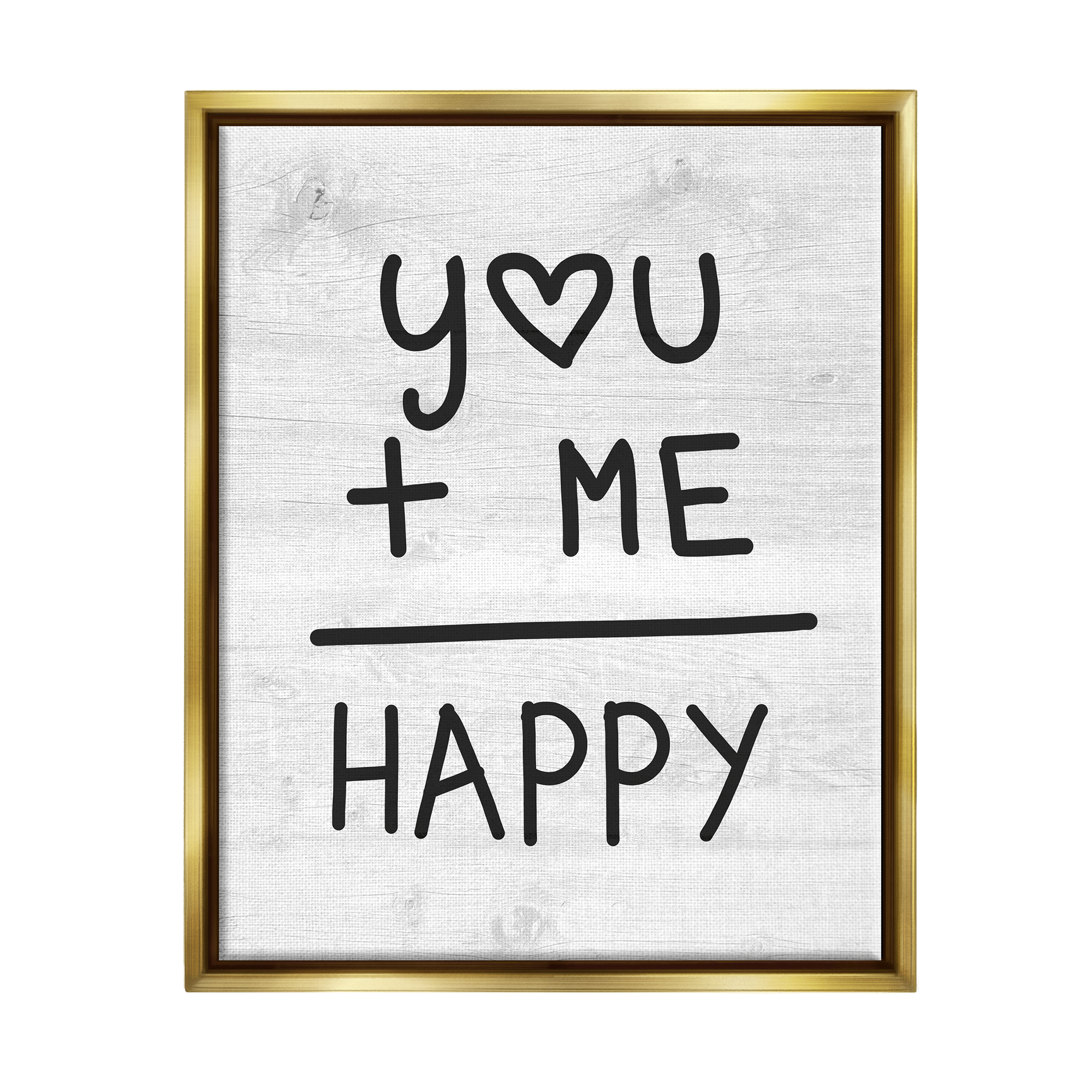 Stupell Industries You + Me = Happy Romantic Phrase Inspirational Painting Gold Floater Framed Art Print Wall Art