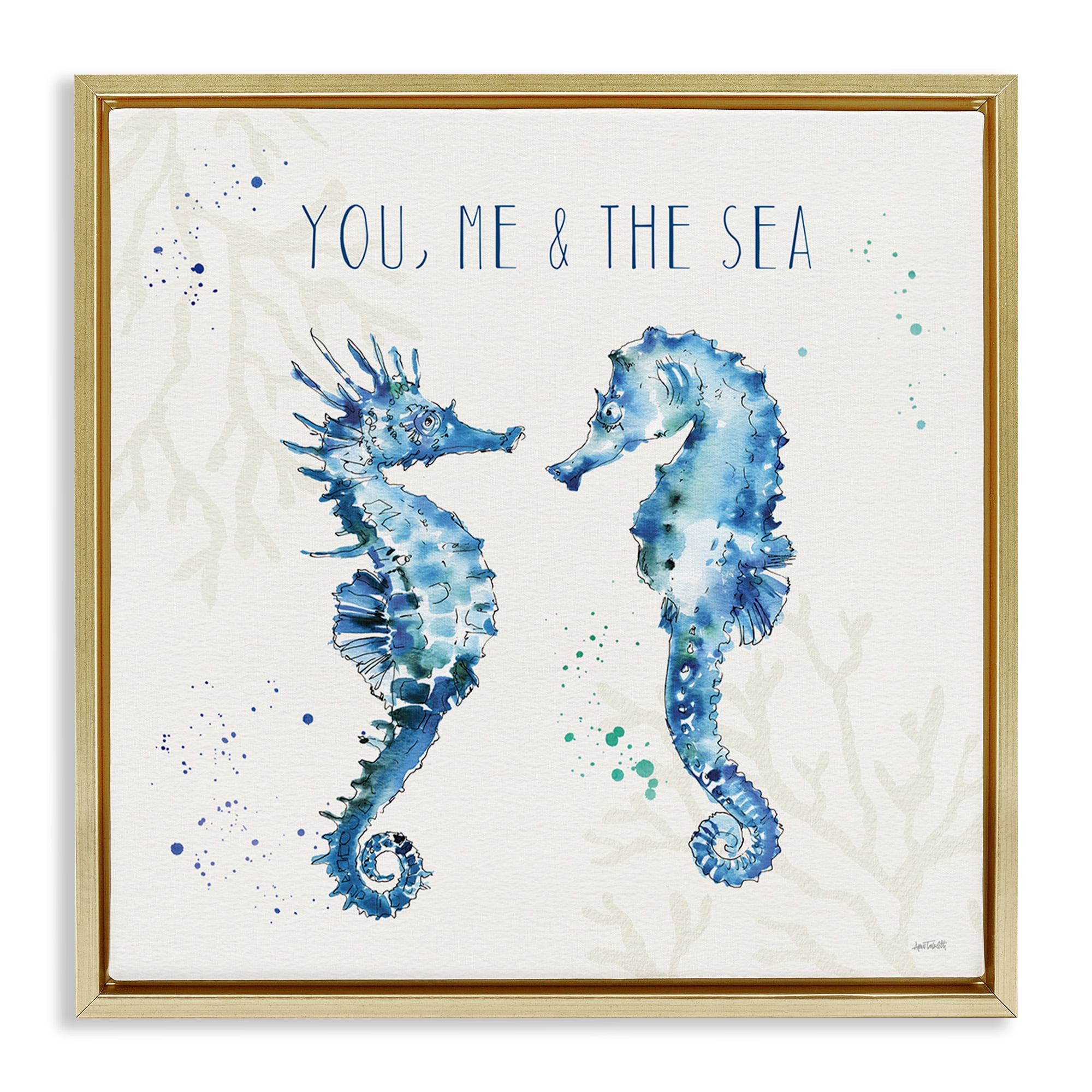 Stupell Industries You Me & Sea Quote Seahorse Nature Painting Gold Floater Framed Canvas Art Print Wall Art, 25 x 25