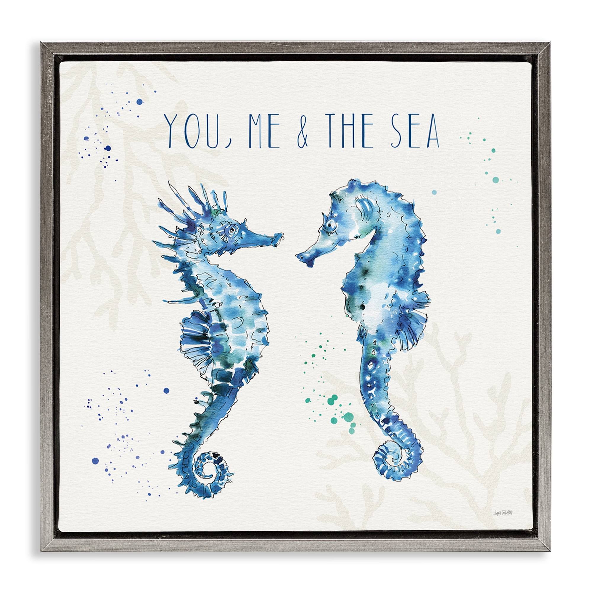 Stupell Industries You Me & Sea Quote Seahorse Nature Painting Gray Floater Framed Canvas Art Print Wall Art, 25 x 25