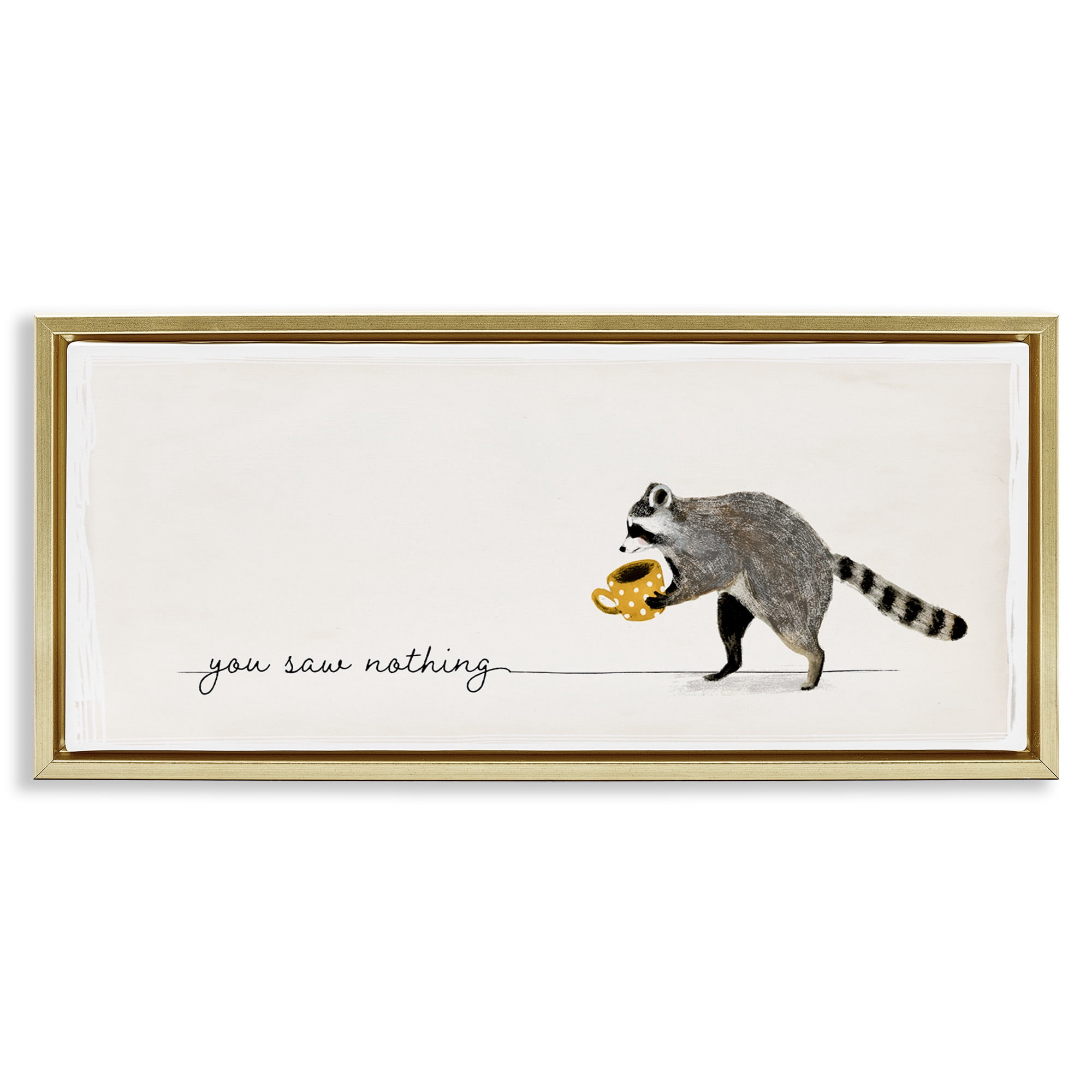 Stupell Industries You Saw Nothing Raccoon & Coffee Animals & Insects Painting Gold Floater Framed Canvas Art Print Wall Art, 25 x 11