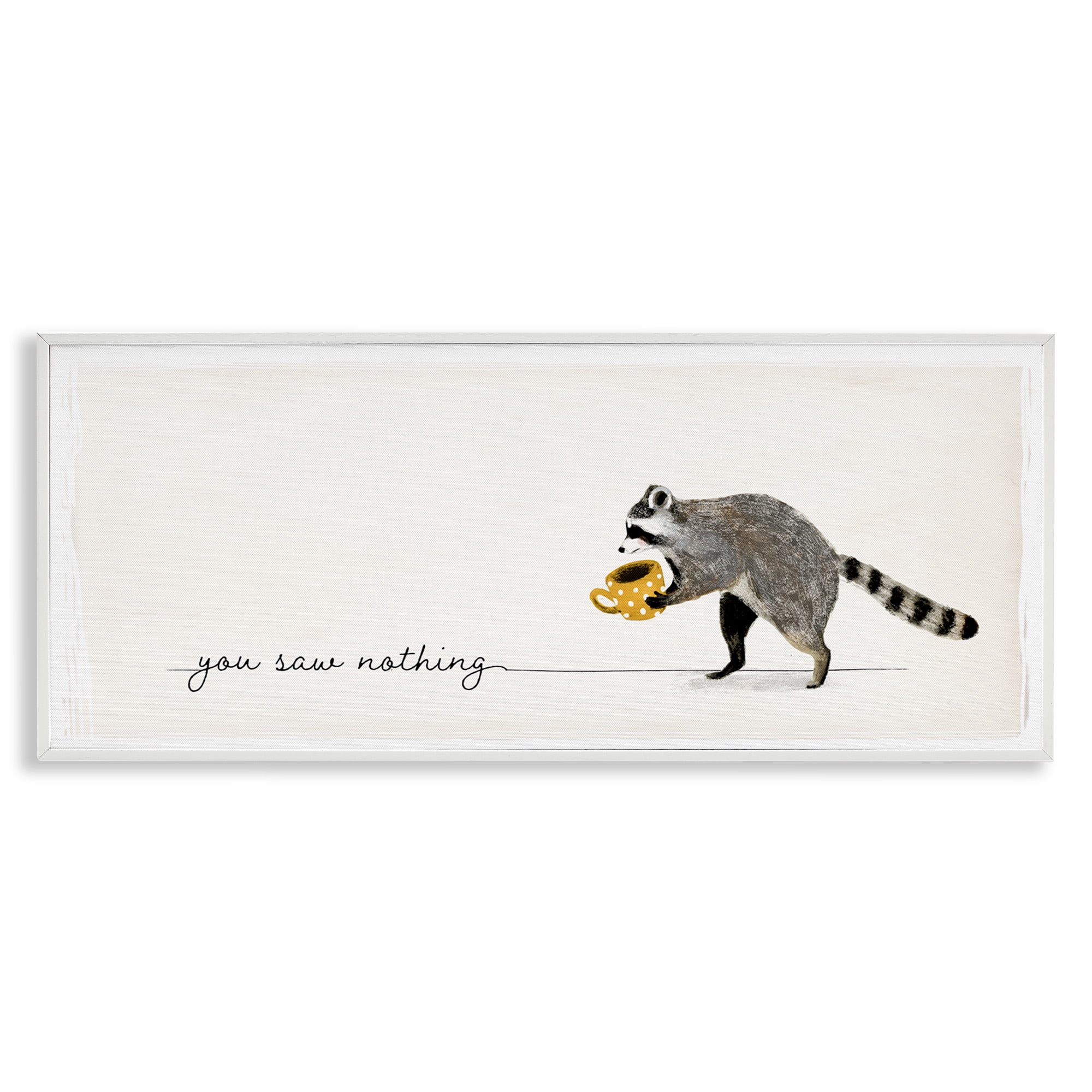 Stupell Industries You Saw Nothing Raccoon & Coffee Animals & Insects Painting White Framed Art Print Wall Art, 30 x 13