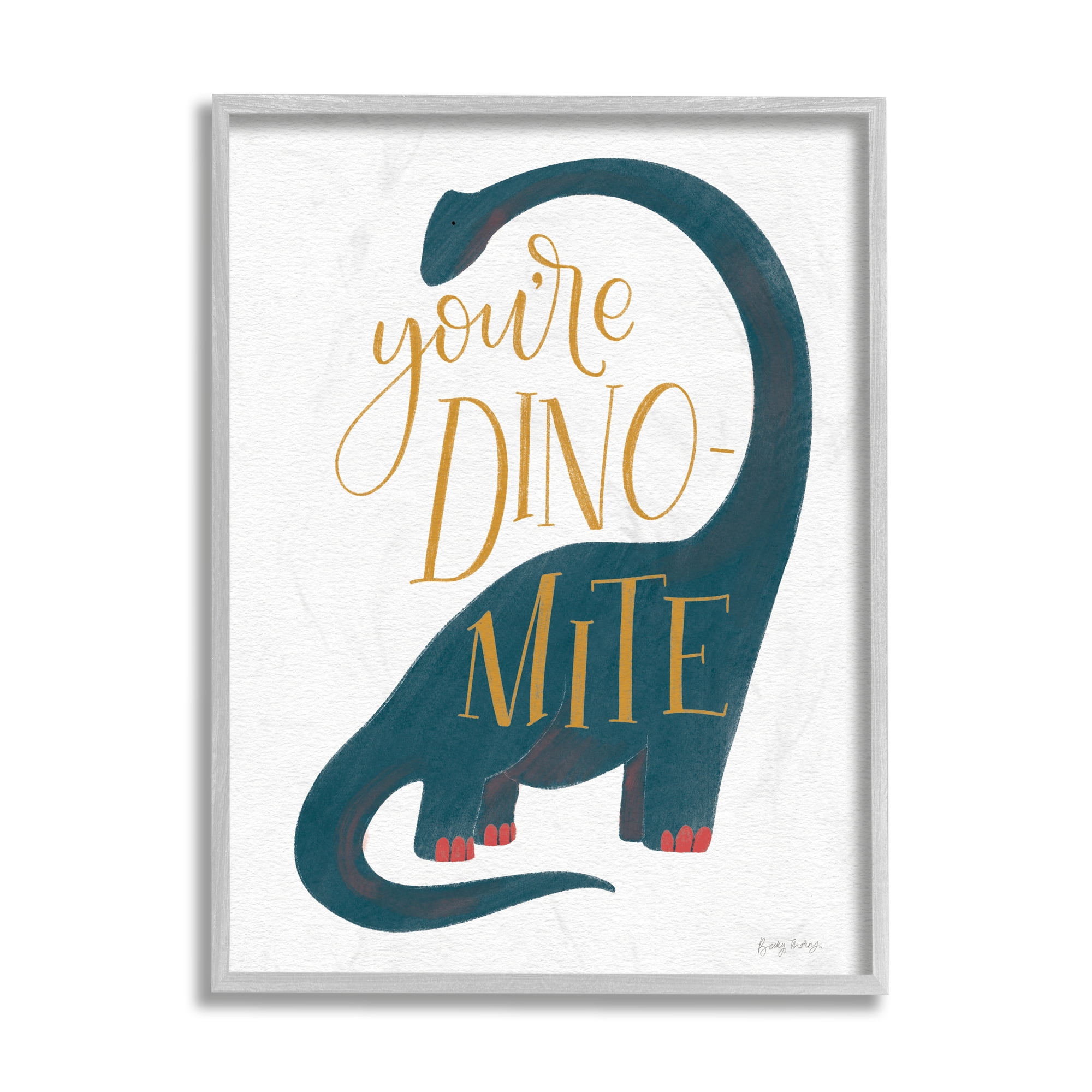 Stupell Industries You're Dino-Mite Phrase Blue Long Neck Dinosaur Gray Framed by Becky Thorns