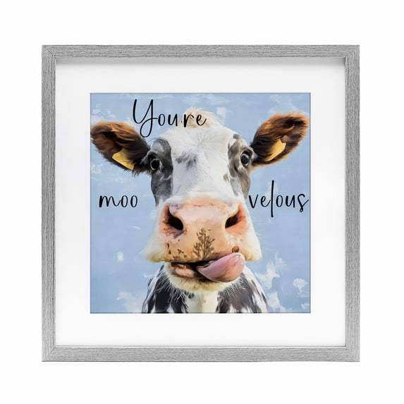 Stupell Industries Rustic Lodge You're Moo-velous Cow Gray Framed Print Under Glass, 16 x 16, by Kim Curinga
