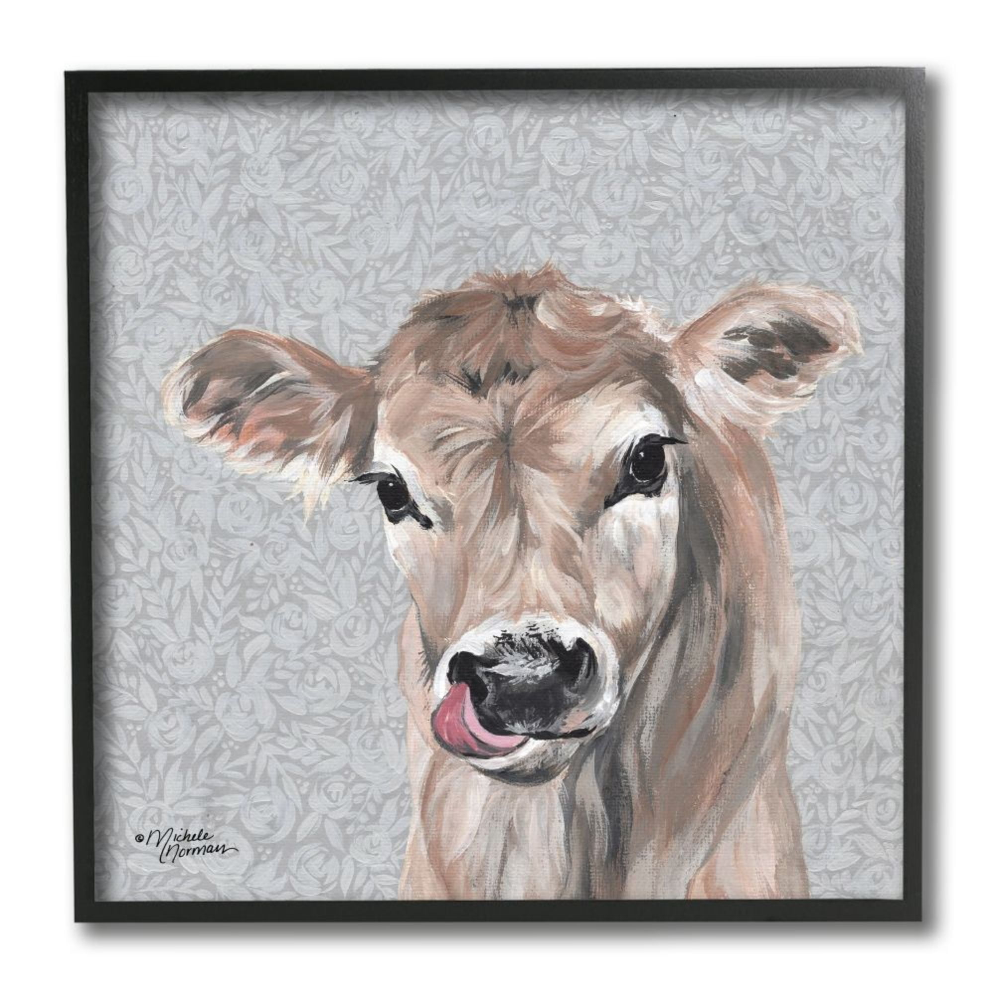 Stupell Industries Young Calf Portrait Floral Pattern Farm Animal Design by Michele Norman
