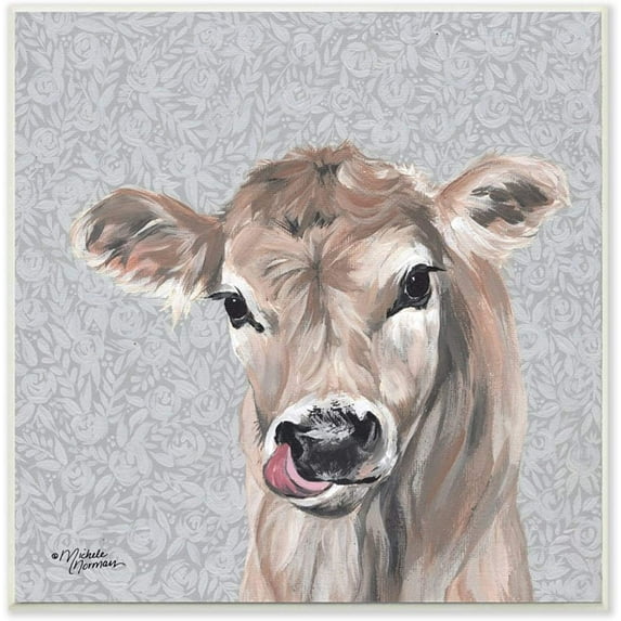 Stupell Industries Young Calf Portrait Floral Pattern Farm Animal Design by Michele Norman