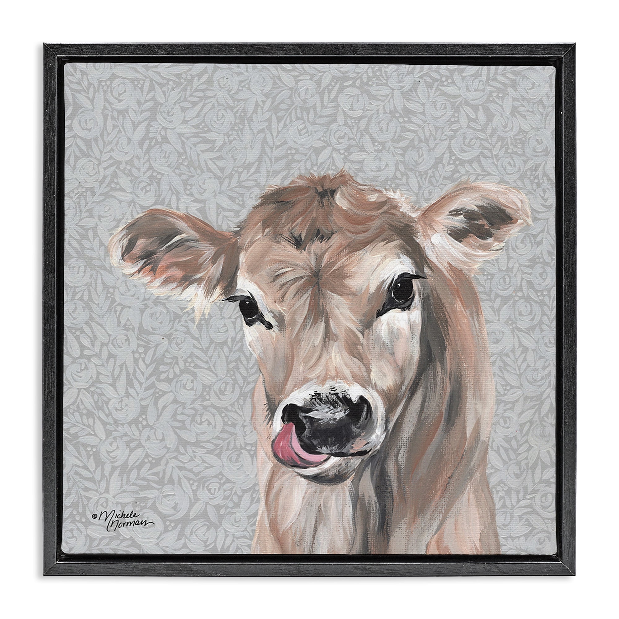 Stupell Industries Young Calf Portrait on Floral Animals & Insects Painting Black Floater Framed Canvas Art Print Wall Art, 18 x 18