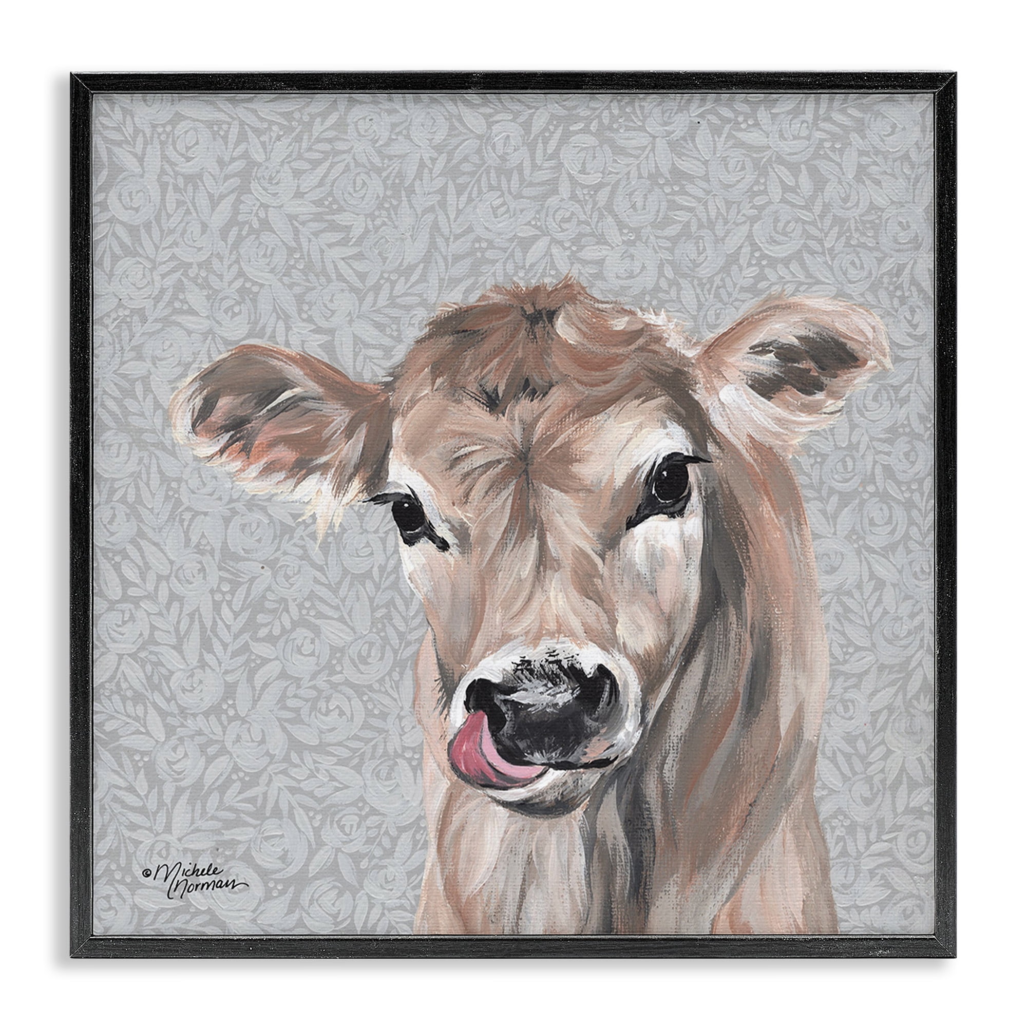 Stupell Industries Young Calf Portrait on Floral Animals & Insects Painting Black Framed Art Print Wall Art, 24 x 24