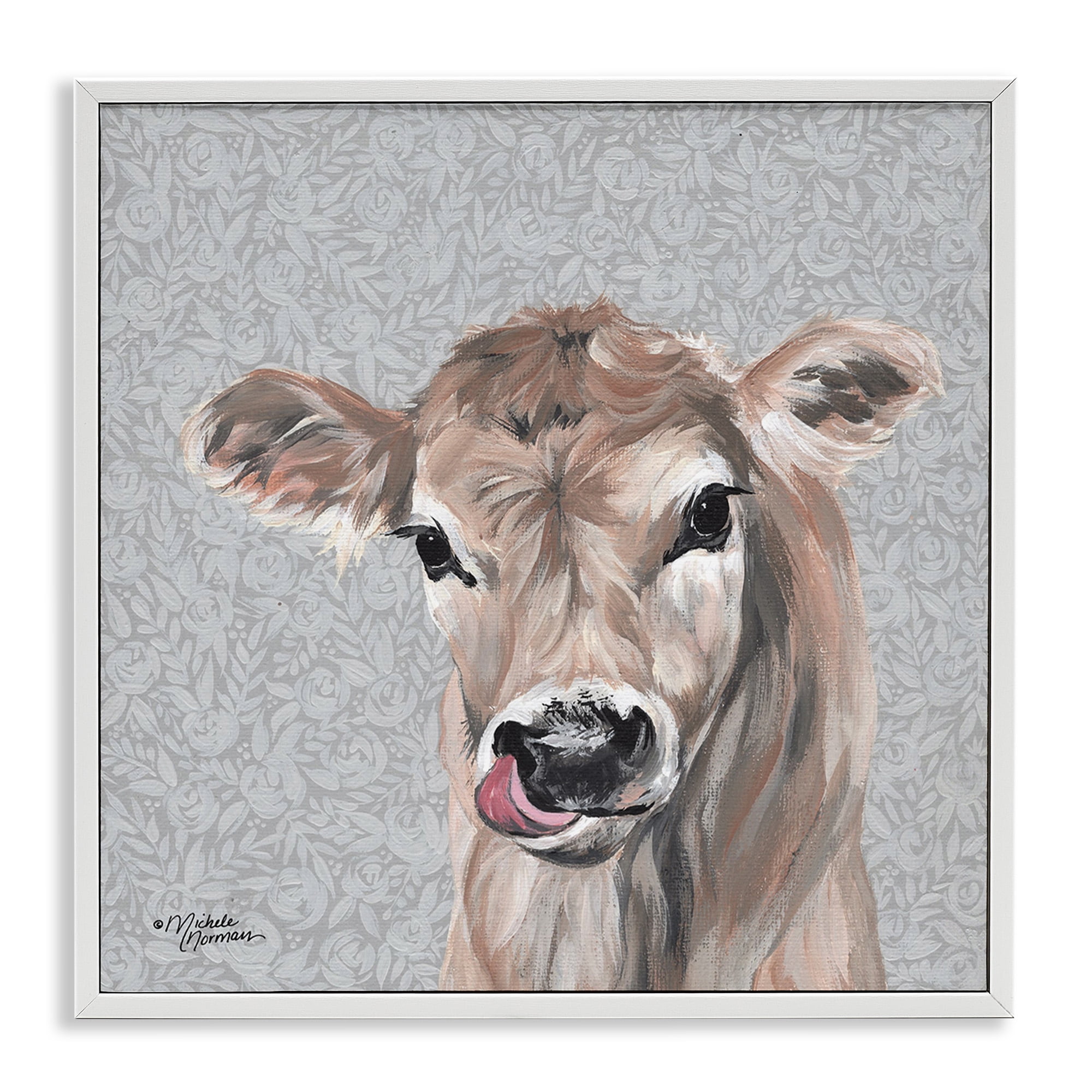 Stupell Industries Young Calf Portrait on Floral Animals & Insects Painting White Framed Art Print Wall Art, 24 x 24