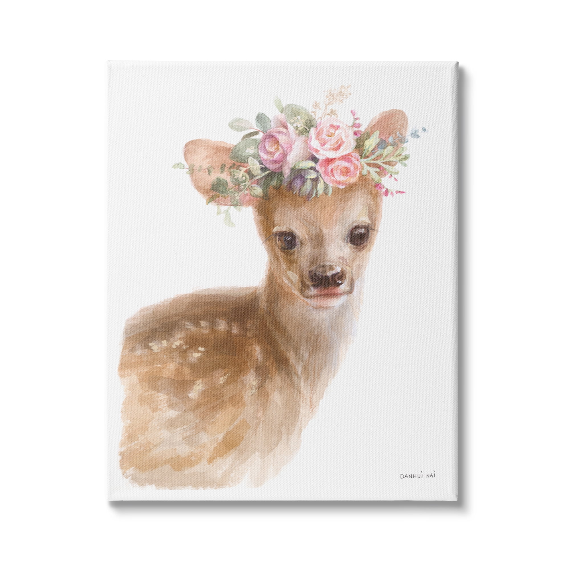 Stupell Industries Young Deer Pink Rose Floral Crown Woodland Animal, 36 x 48, Design by Danhui Nai
