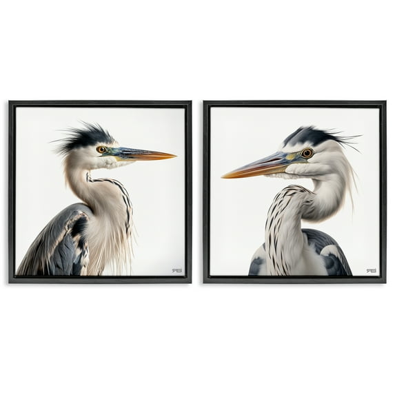Stupell Industries Young Heron Birds Animals Painting Black Floater Framed Canvas Art Print Wall Art, 18 x 18, Set of 2