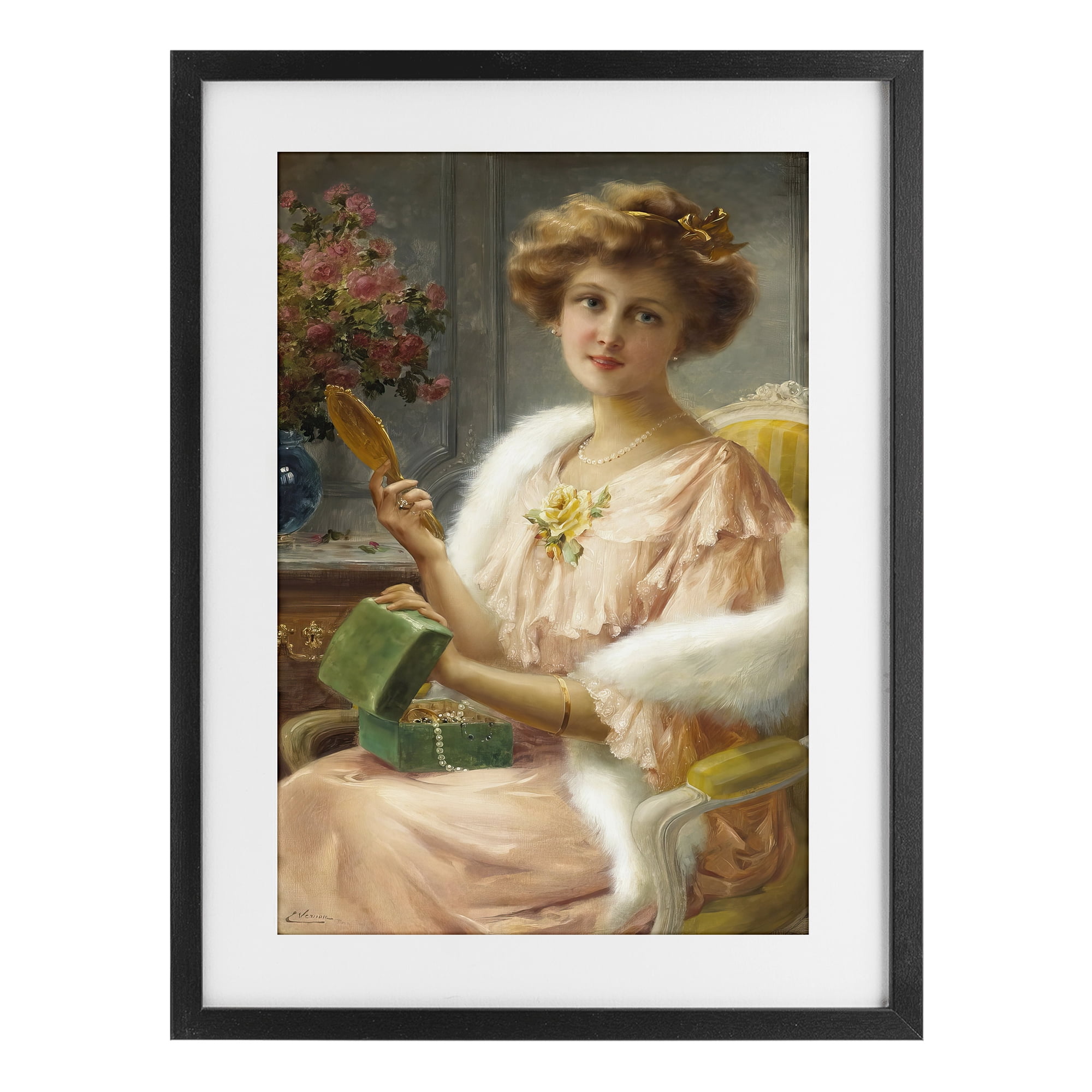 Stupell Industries Young Lady with Mirror Black Framed Print Under Glass, design by Tina LeCour