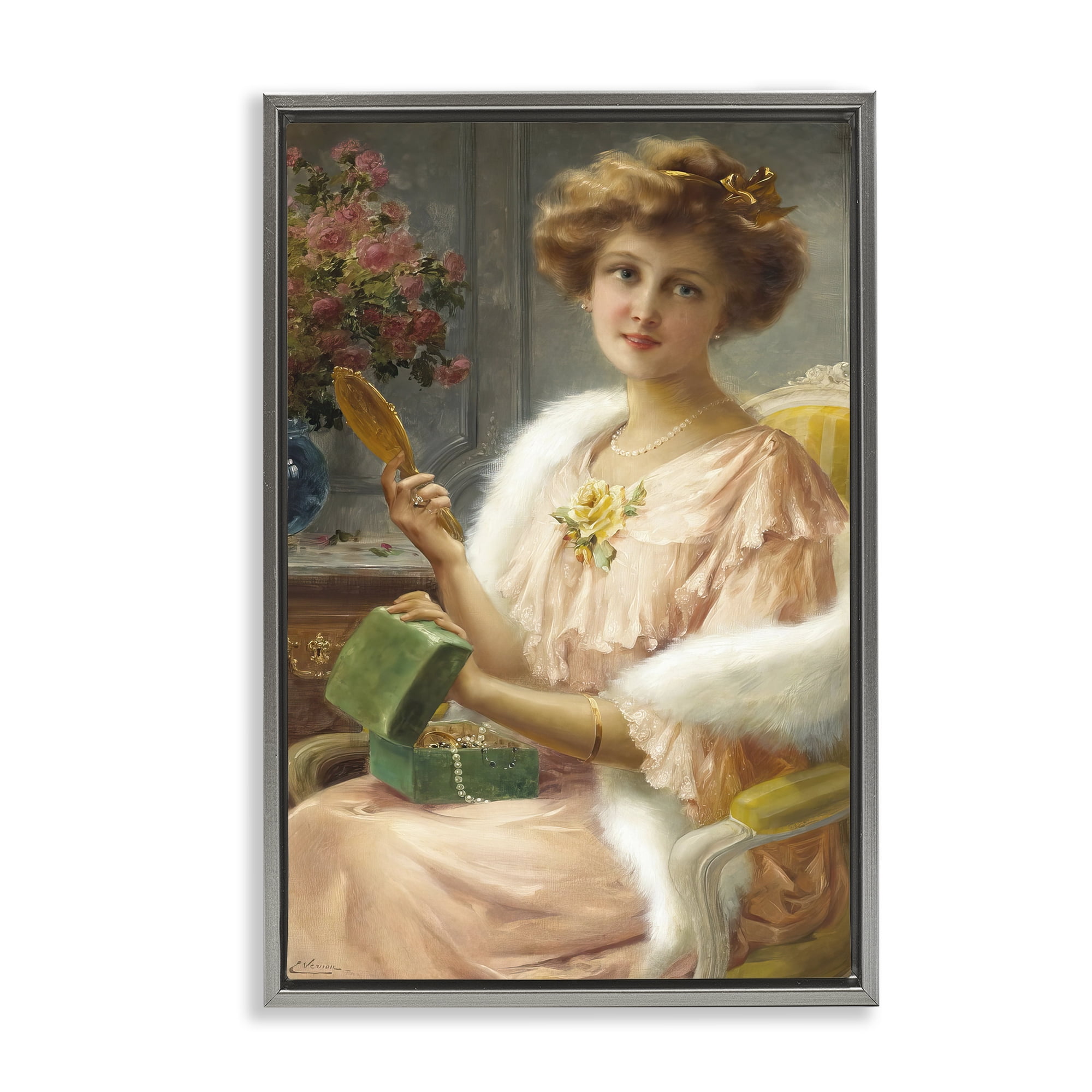 Stupell Industries Young Lady with Mirror Gray Framed Floater Canvas Wall Art, design by Tina LeCour