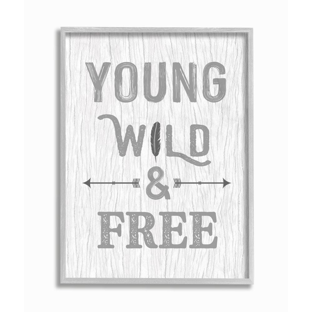 Stupell Industries Young Wild and Free Phrase Rustic Nature Design Framed Wall Art Design by Ashley Calhoun, 11" x 14", Gray Framed