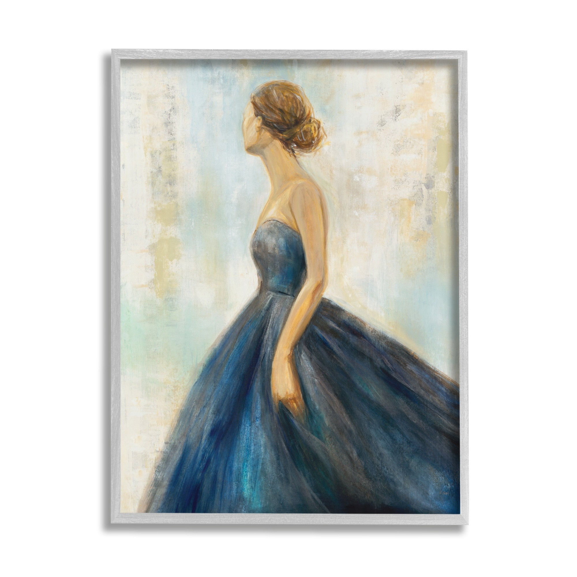 Stupell Industries Young Woman Blue Dress Soft Focus Pose Paintings Gray Framed Art Print Wall Art, 11x14, by K. Nari