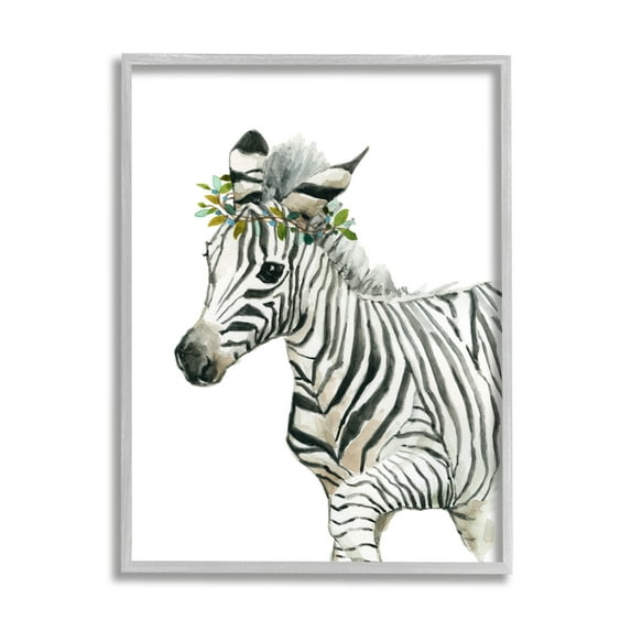 Stupell Industries Young Zebra Boho Fashion Chic Forest Crown Animals & Insects Painting Gray Framed Art Print Wall Art, 11 x 14