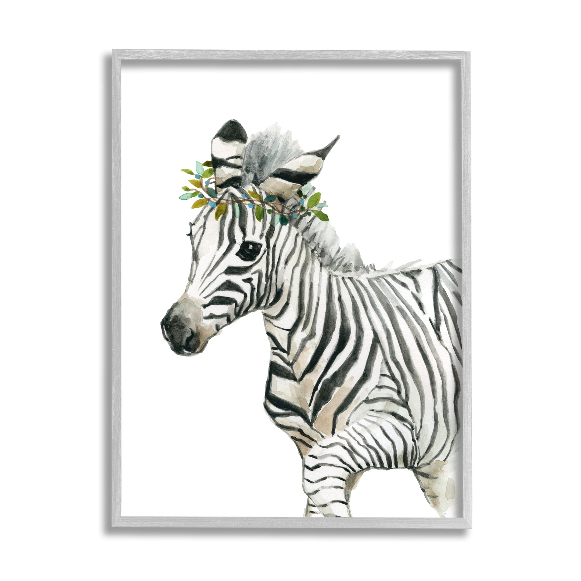 Stupell Industries Young Zebra Boho Fashion Chic Forest Crown Animals & Insects Painting Gray Framed Art Print Wall Art, 16 x 20