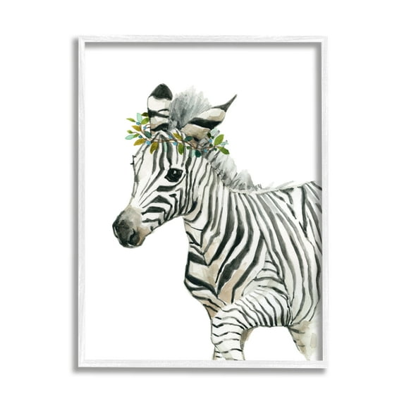 Stupell Industries Young Zebra Boho Fashion Chic Forest Crown Animals & Insects Painting White Framed Art Print Wall Art, 24 x 30