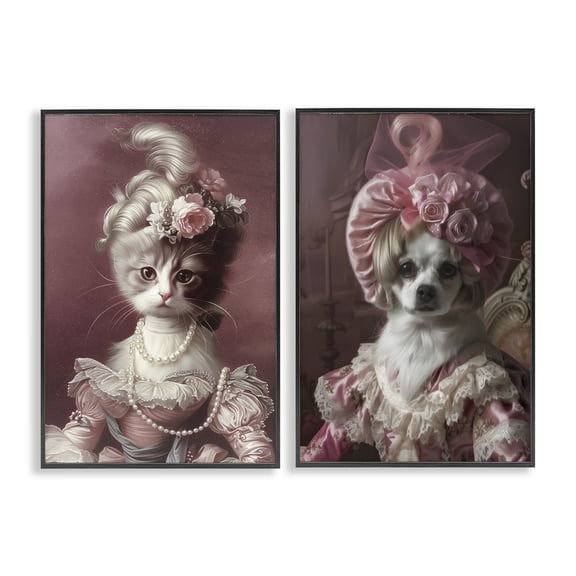 Stupell Industries Your Highness Cat & Dog Animals Painting Black Framed Art Print Wall Art, 16 x 24, Set of 2