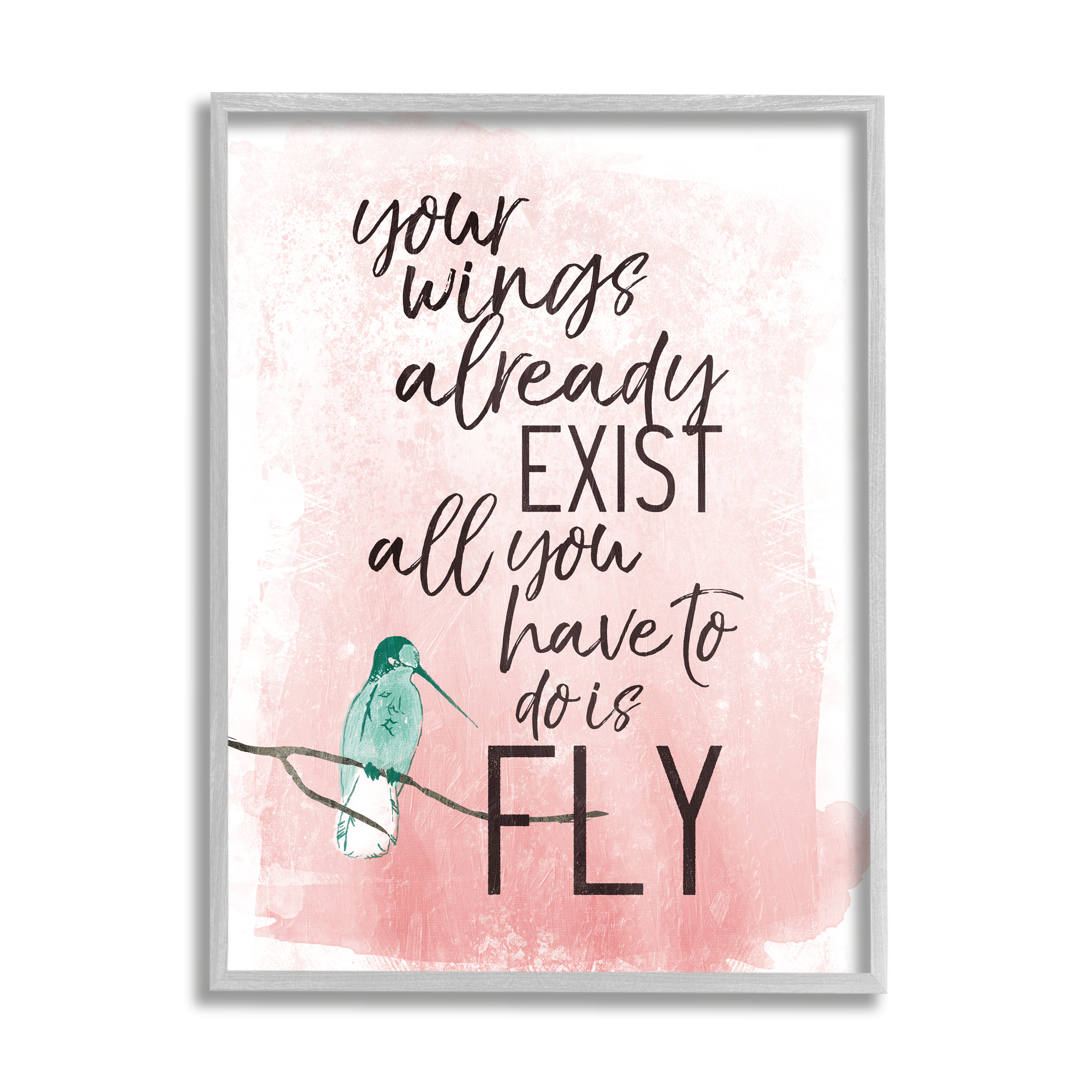 Stupell Industries Your Wings Already Exist Inspirational Phrase Bird Metaphor Inspirational Painting Gray Framed Art Print Wall Art, 16 x 20