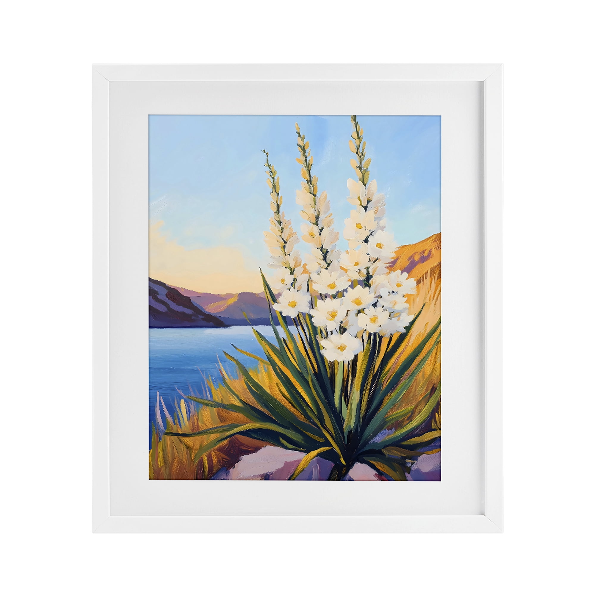 Stupell Industries Yucca in Bloom By The Lake White Framed Print Under Glass, design by The Prints Vibe