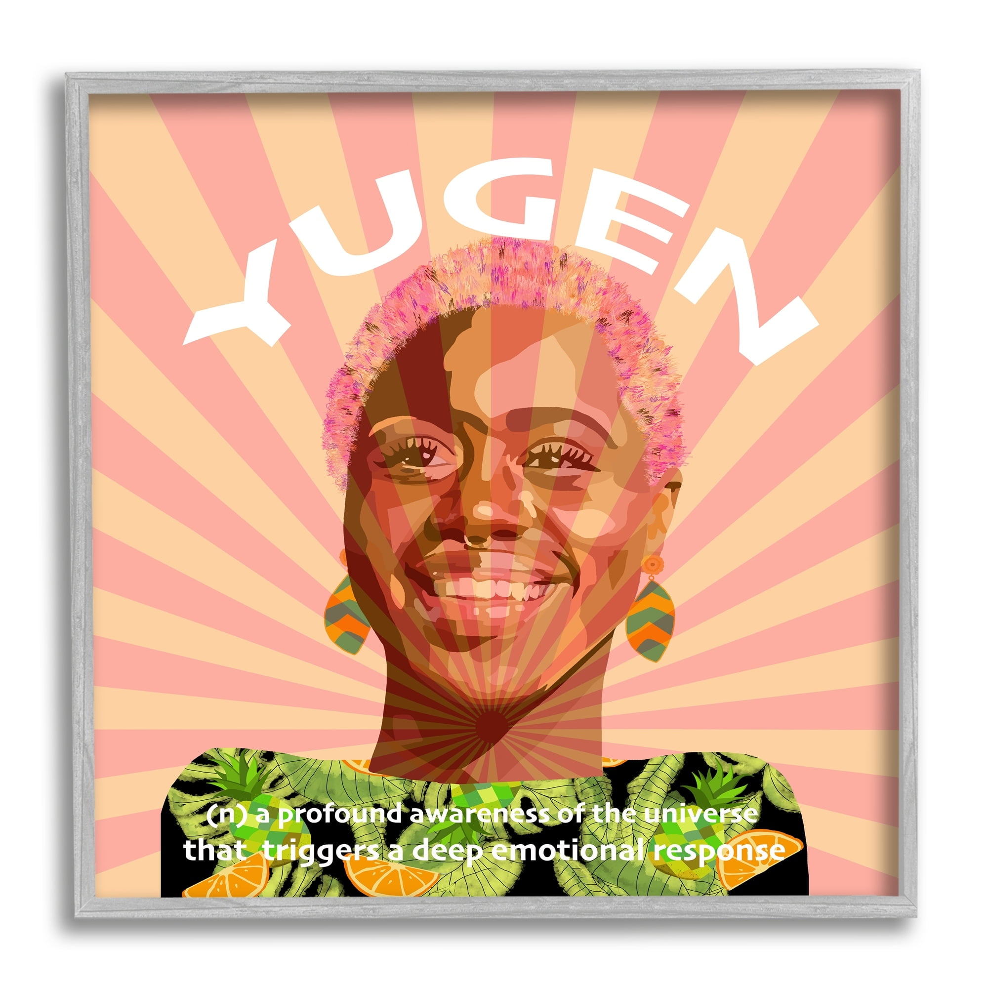 Stupell Industries Yugen Definition Text Smiling Woman Floral Stripes Graphic Art Gray Framed Art Print Wall Art, 12x12, by Lynnda Rakos