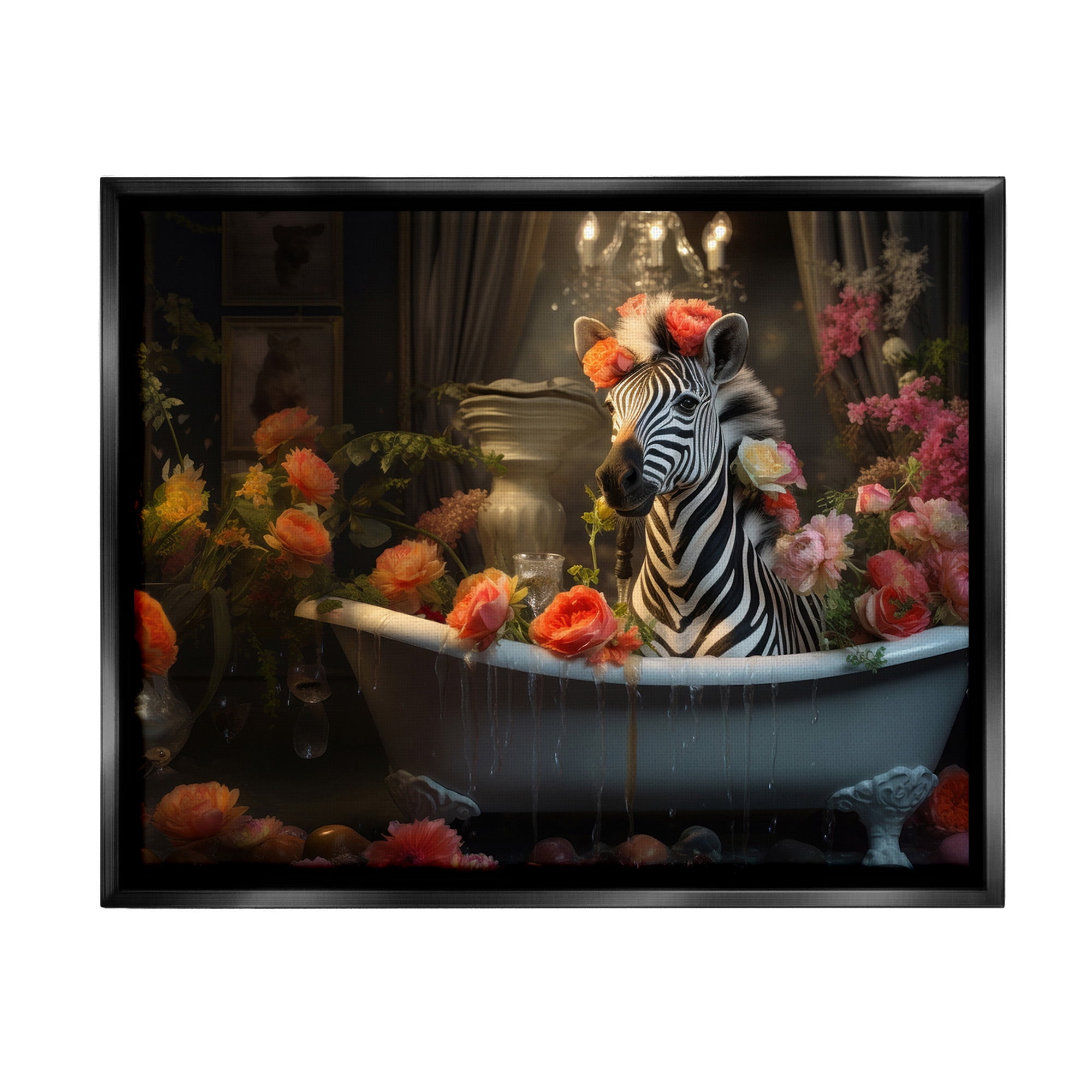 Stupell Industries Zebra Bathing with Florals Animals & Insects Painting Black Floater Framed Canvas Art Print Wall Art, 21 x 17