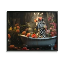 Stupell Industries Zebra Bathing with Florals Animals & Insects Painting Black Framed Art Print Wall Art, 14 x 11