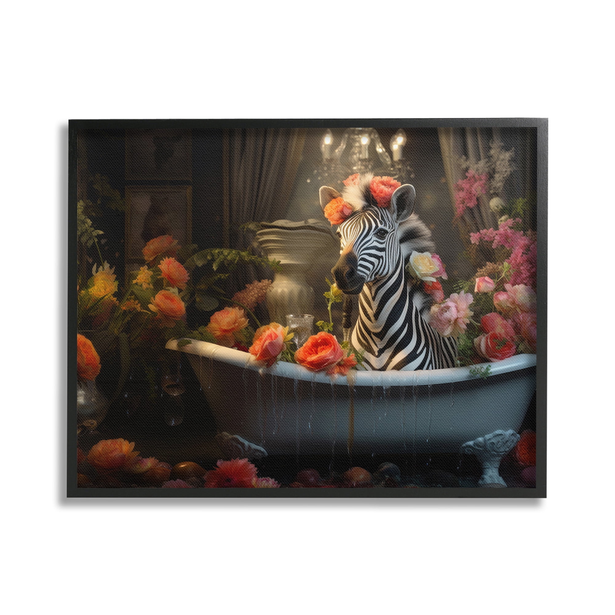 Stupell Industries Zebra Bathing with Florals Animals & Insects Painting Black Framed Art Print Wall Art, 20 x 16